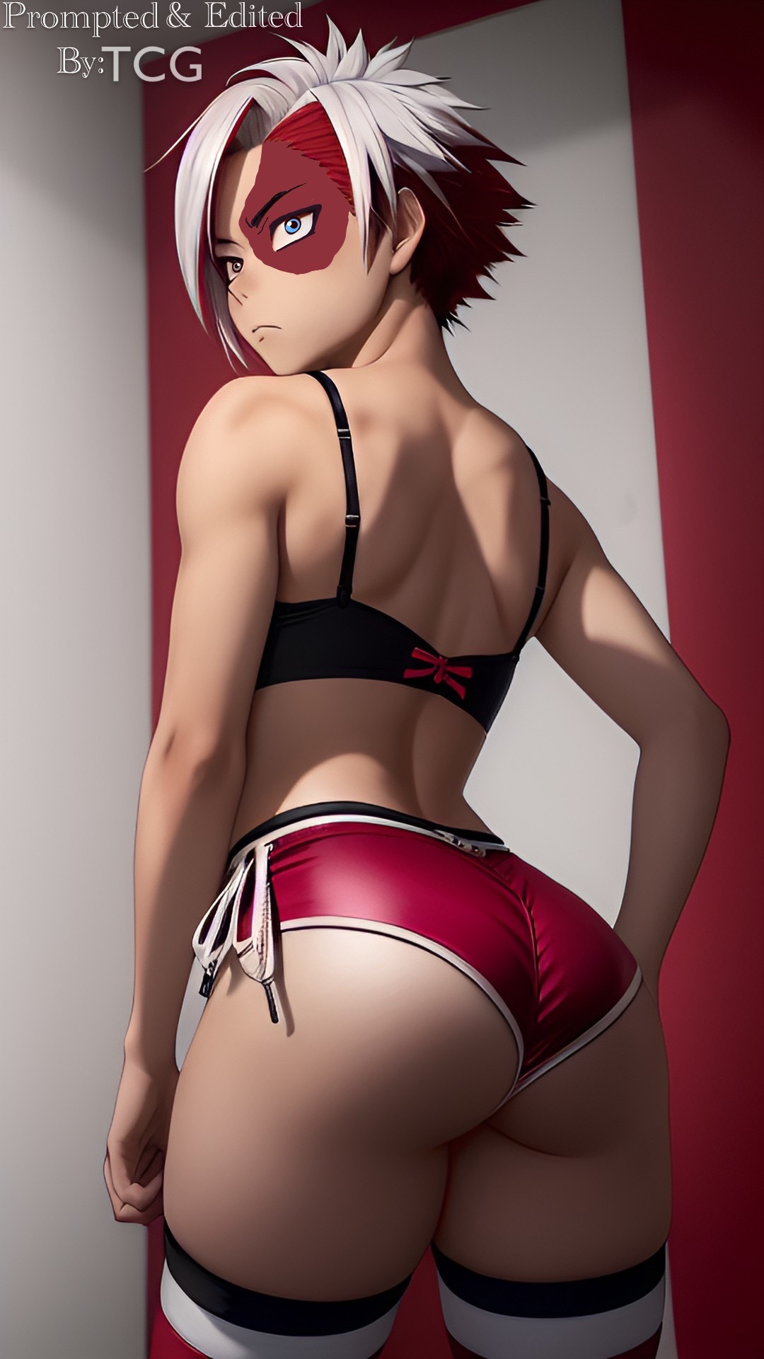 ai generated, ass, femboy, feminine male, girly, looking back, male, male only, multicolored eyes, multicolored hair, my hero academia, shouto todoroki, thechronicgamer, thighhighs, thighs, trap