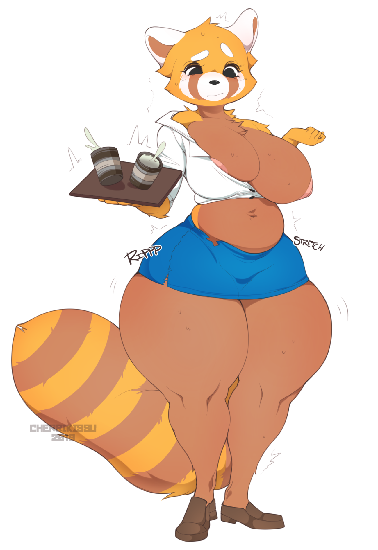 2019, 5 fingers, aggressive retsuko, ailurid, anthro, areola, belly, beverage, big breasts, biped, black eyes, blouse, blue skirt, bottomwear, breast out, breasts, breasts outside, cherrikissu, clothed, clothing, container, cup, curvy figure, digital media (artwork), female, fingers, footwear, front view, fur, hi res, holding object, huge hips, huge thighs, mammal, midriff, multicolored body, multicolored fur, nipples, one breast out, pencil skirt, red panda, retsuko, sanrio, shirt, shoes, short skirt, simple background, skirt, slightly chubby, solo, standing, text, thick thighs, topwear, torn clothing, tray, voluptuous, wardrobe malfunction, white background, wide hips