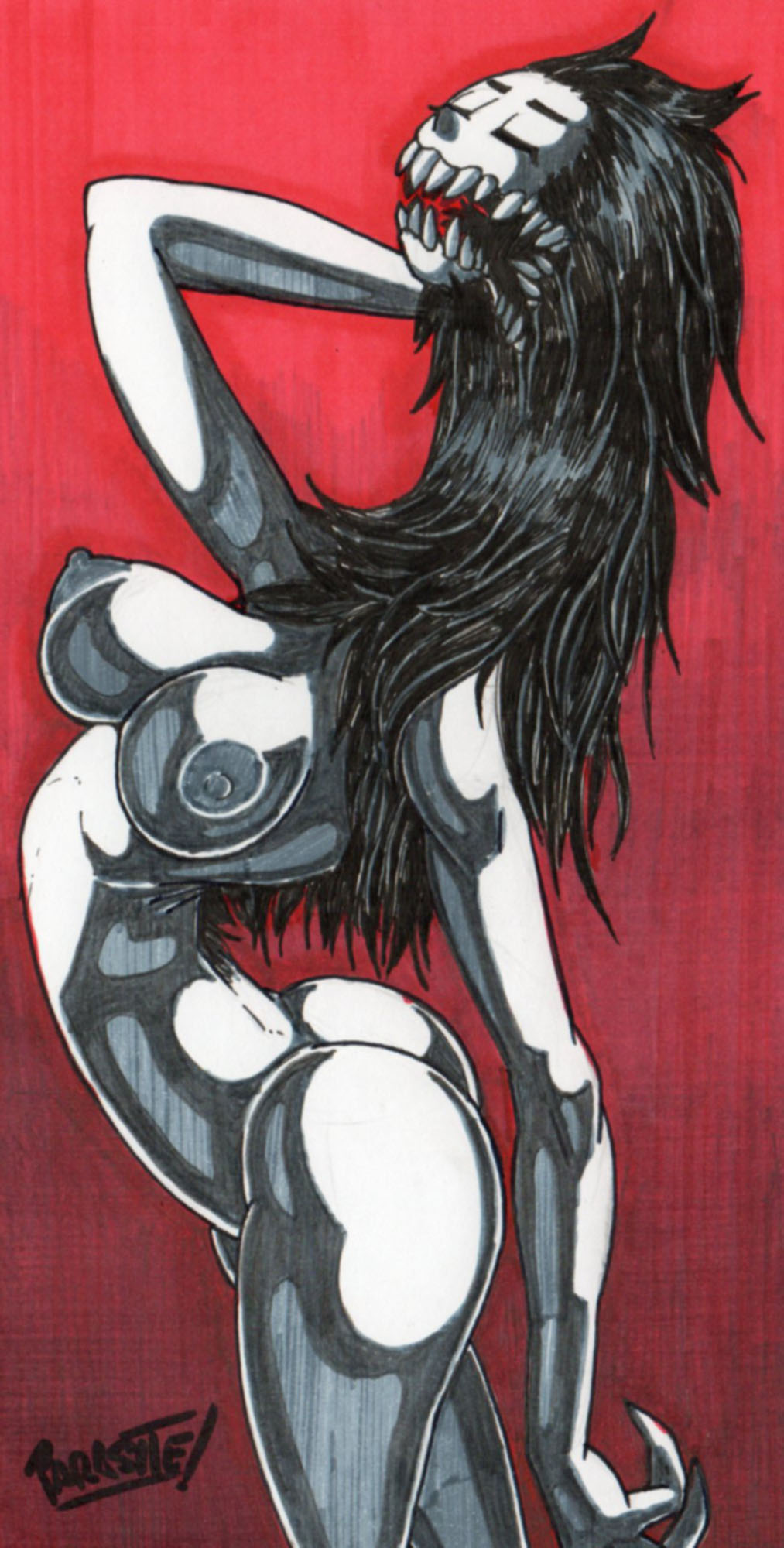 1girls, arm behind head, ass, big ass, big breasts, big butt, black hair, breasts, demon, demon girl, eyebrows, fat ass, female, female only, horror, large ass, large breasts, long hair, naked, naked female, nightmare waifu, nipples, nude, nude female, oc, original character, parasite, parasitedeath, parasiteterror, sharp teeth, solo, solo female, solo focus, thick thighs, thighs, what, white body, white skin, wide hips
