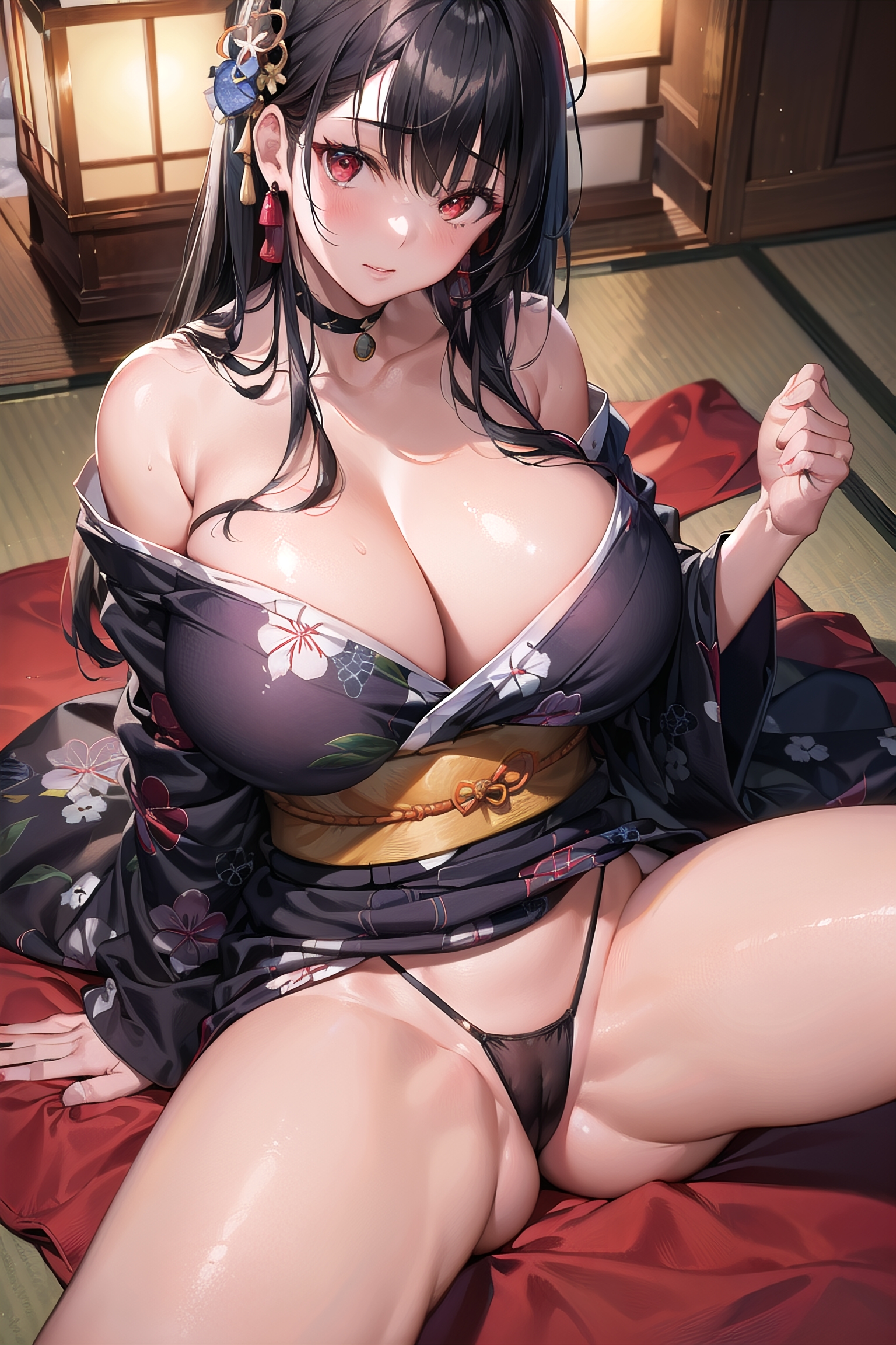 1girls, ai generated, black hair, breasts, curvy body, curvy female, curvy figure, female, female focus, huge breasts, kimono, milf, solo female, solo focus, stable diffusion, thong