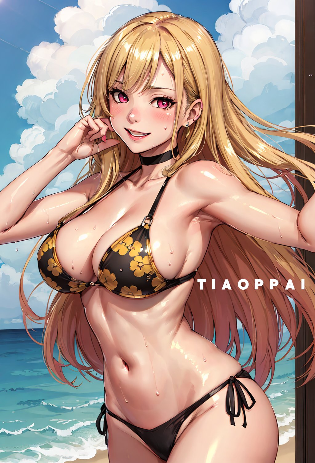 1girls, ai generated, big breasts, blonde hair, breasts, busty, cleavage, curvy body, curvy figure, female, female focus, female only, huge breasts, kitagawa marin, navel, pink eyes, smile, sono bisque doll wa koi wo suru, stable diffusion, sweat, tiaoppai, voluptuous, voluptuous female