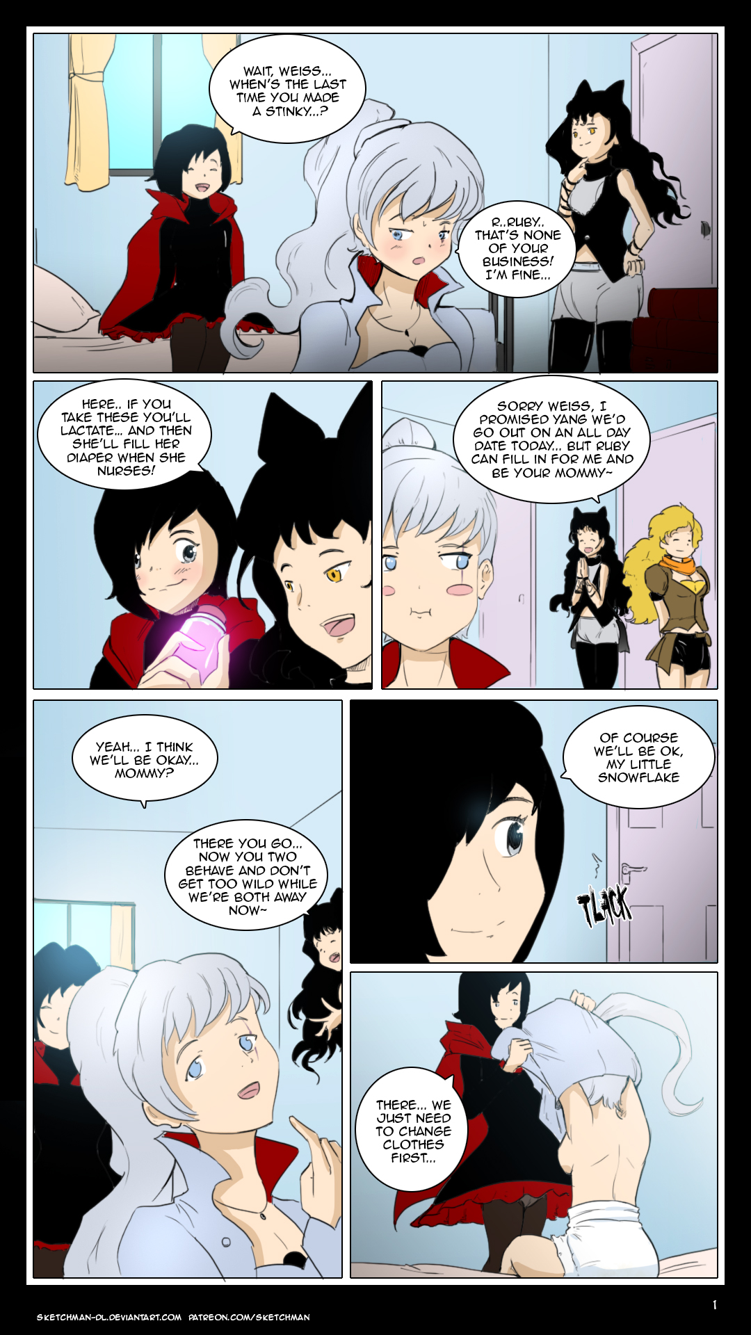 4girls, bed, bedroom, black dress, black hair, blake belladonna, blonde hair, blue eyes, bottle, breasts, cape, comic, diaper, dress, english text, female, female only, grey eyes, holding bottle, long hair, medium breasts, multiple females, multiple girls, pantyhose, ponytail, ruby rose, rwby, shorts, sketchmandl, text, text bubble, undressing, weiss schnee, white hair, window, yang xiao long, yellow eyes