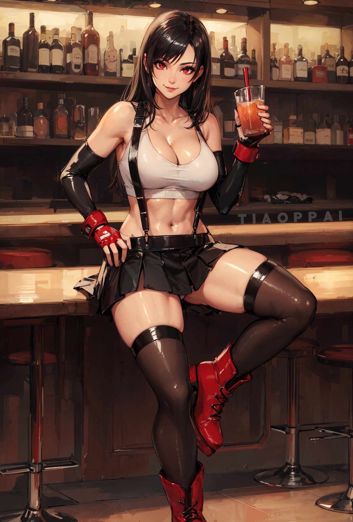 1girls, ai generated, black hair, breasts, curvaceous, curvy female, female, female focus, female only, final fantasy, final fantasy vii, huge breasts, long hair, red eyes, stable diffusion, tiaoppai, tifa lockhart, voluptuous, voluptuous female