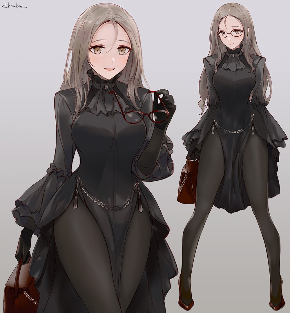 1girls ai_generated artist_name ascot bag black_dress blonde_hair breasts chains chowbie dress glasses gloves handbag high_heels holding_bag holding_glasses holding_handbag large_breasts long_hair looking_at_viewer original pantyhose pelvic_curtain yellow_eyes