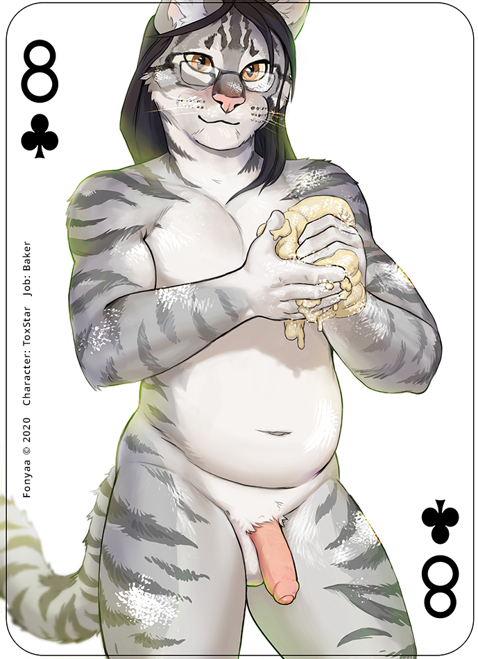 anthro baker black_hair card clover clubs_(suit) domestic_cat dough eyewear felid feline felis flour fonyaa foreskin fur genitals glasses grey_body grey_fur hair male mammal nude penis playing_card slightly_chubby solo striped_body striped_fur stripes suit_symbol toxstar_(character)