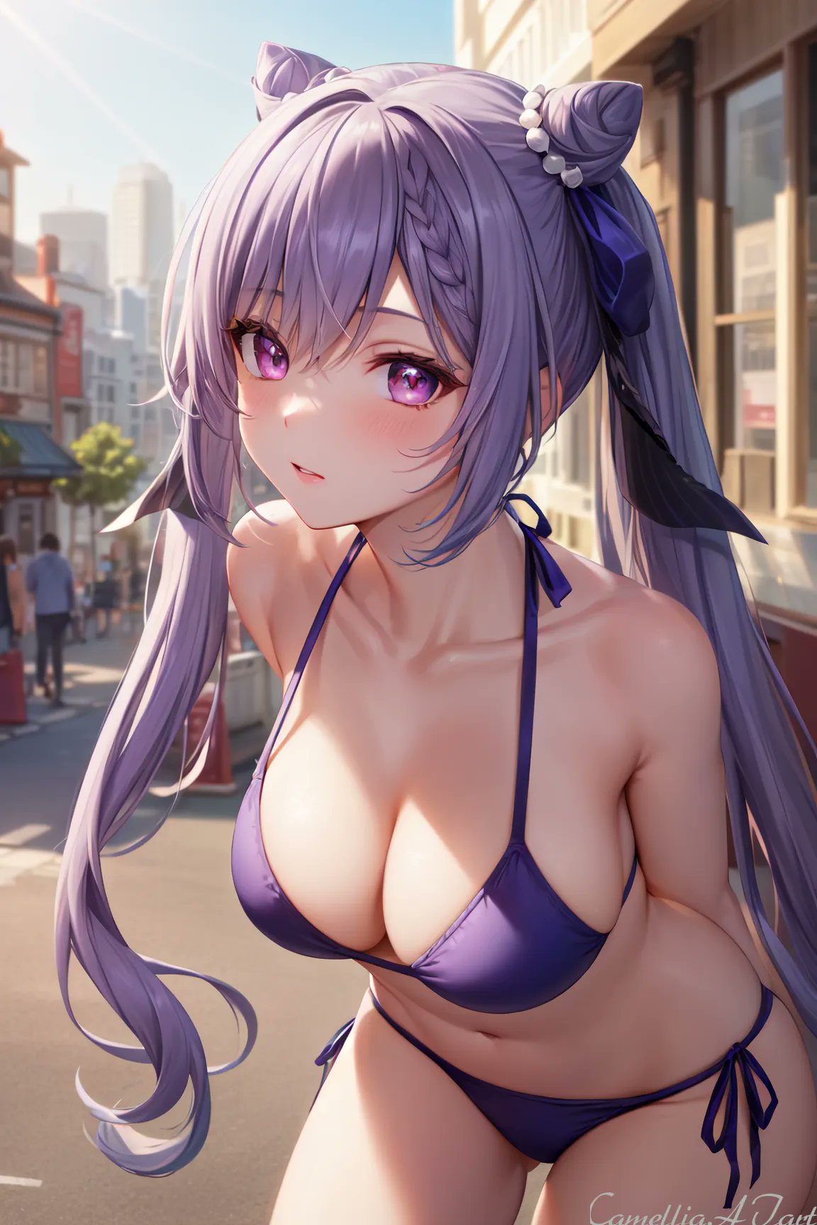 ai generated, bikini, breasts, busty, camellia aj art, cleavage, female, genshin impact, keqing (genshin impact), large breasts, nai diffusion, outside, purple eyes, purple hair, stable diffusion, swimwear