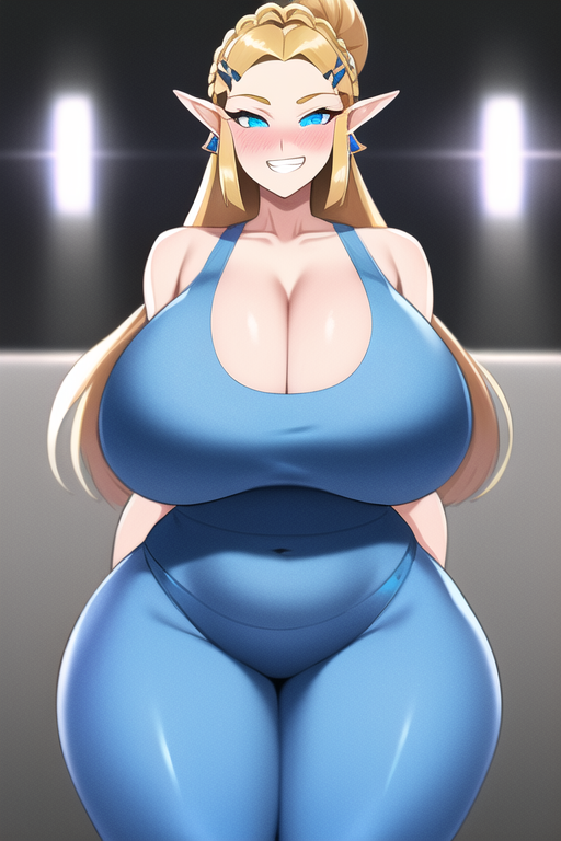 ai_generated blonde_hair blue_eyes blue_leggings blue_tank_top curvaceous curvy curvy_figure gigantic_breasts huge_breasts huge_hips leggings long_hair looking_at_viewer nai_diffusion princess_zelda seductive_smile shiny_clothes shiny_hair shiny_skin stable_diffusion tank_top the_legend_of_zelda thick_thighs thunder_thighs voluptuous wide_hips