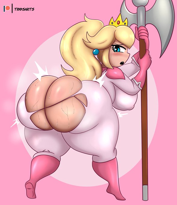 1girls, ass, ass bigger than head, blonde hair, blue eyes, blush, crown, female, female only, full body, gun, huge ass, looking back, mario (series), nintendo, open mouth, patreon username, pink background, pink gloves, pink shoes, princess peach, simple background, solo, standing, super mario bros. (2023 film), sweat, sweaty ass, sweaty body, sweaty butt, thick ass, thick thighs, tibbs, tibbs arts, wardrobe malfunction, watermark