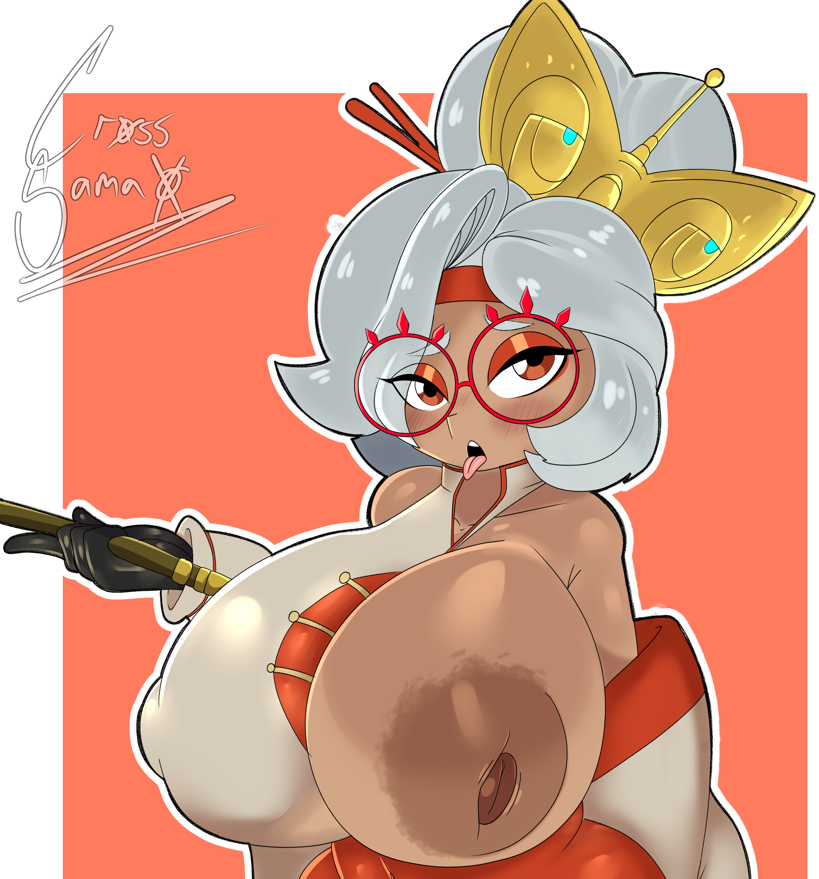 1girls, absurd res, areola, areolae, areolar amelanism, big breasts, blonde hair, breasts, breasts out, busty, clothing, cross samax, crown, female, female only, glasses, gloves, hi res, huge breasts, large breasts, looking at viewer, nipples, open clothes, orange eyes, purah, purah (tears of the kingdom), solo, solo female, staff, tears of the kingdom, the legend of zelda, tongue, tongue out, white hair