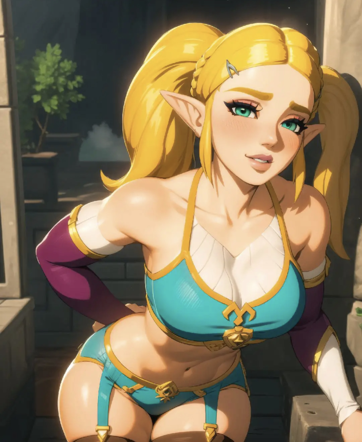 1girls, ai generated, artist request, big breasts, blonde hair, breasts, elf, elf ears, female, looking at viewer, pointy ears, twintails