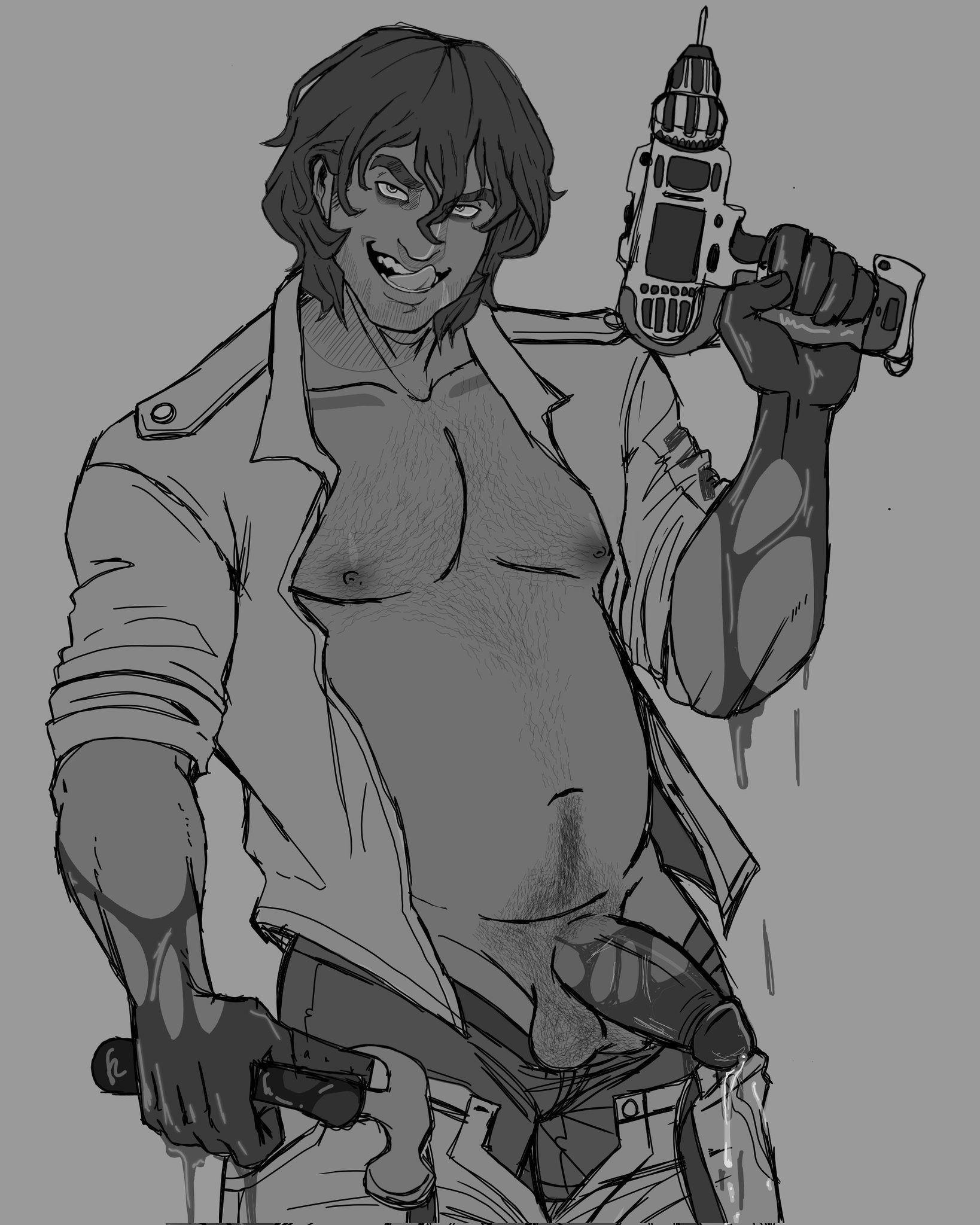 blood, blood stain, boyfriend to death, drill, erection, evil grin, evil smile, hammer, happy trail, kornysadist, male, male only, open shirt, pecs, pectorals, precum, precum drip, sadism, shirt, strade, tongue, tongue out, tools, villain