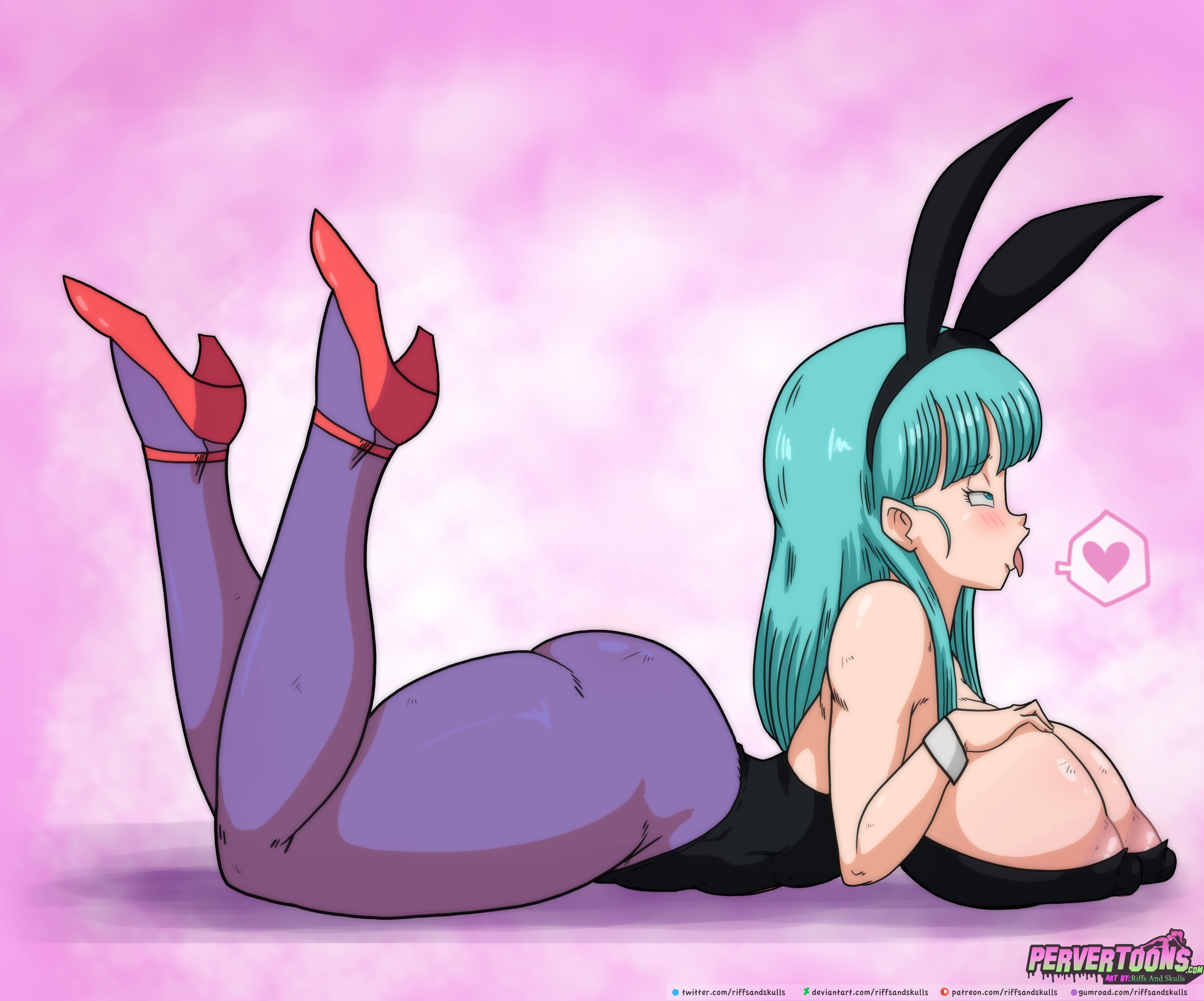 1girls, ass, big ass, big breasts, big butt, blue eyes, blue hair, blush, blushing, breasts, bulma, bulma (bunny), bulma (dragon ball), bulma briefs, bunny ears, bunnysuit, cleavage, dragon ball, dragon ball (classic), dragon ball z, eyebrows, eyelashes, fat ass, female, female only, heart, high heels, horny female, large ass, large breasts, light skin, light-skinned female, nipples, pervertoons, pink nipples, riffsandskulls, solo, solo female, solo focus, spoken heart, teenage bulma, teenager, thick thighs, thighs, tongue, tongue out
