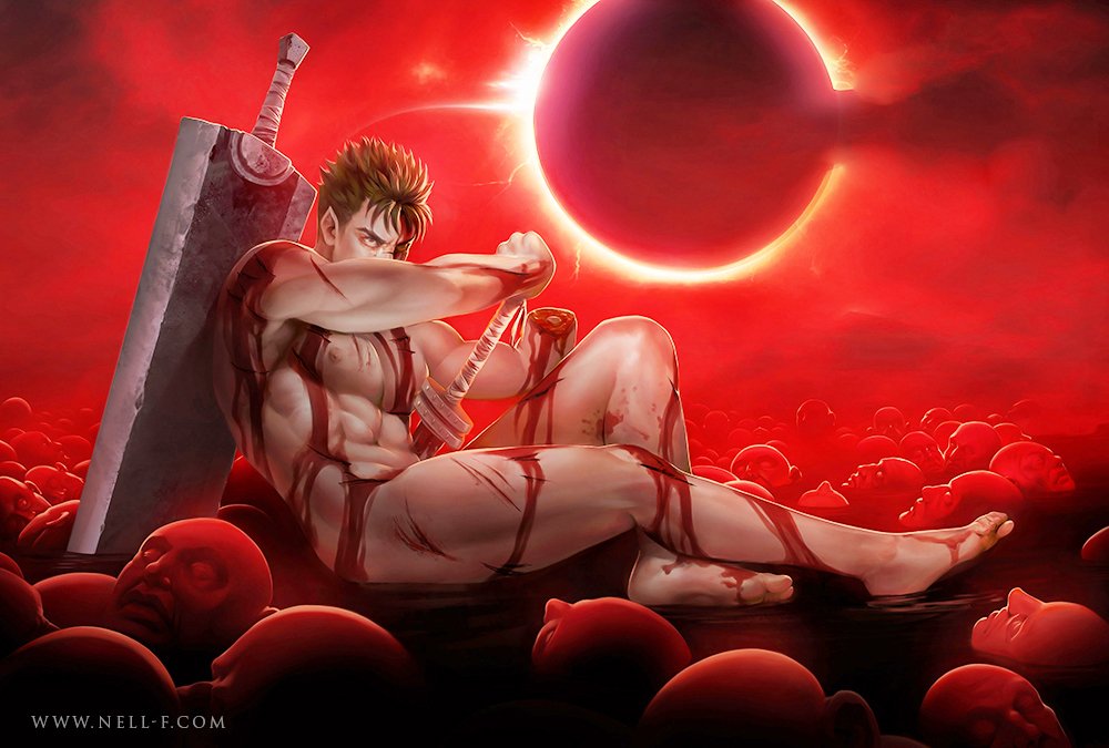 1boy abs artist_name bath bath_of_blood berserk black_hair blood blood_on_body completely_nude corpse dragonslayer_(sword) fallen_angel_(cabanel) full_moon guts_(berserk) injury large_pectorals male_focus moon muscular muscular_male navel nell_fallcard nipples nude pectorals severed_arm severed_limb short_hair solo spiked_hair sword thighs weapon