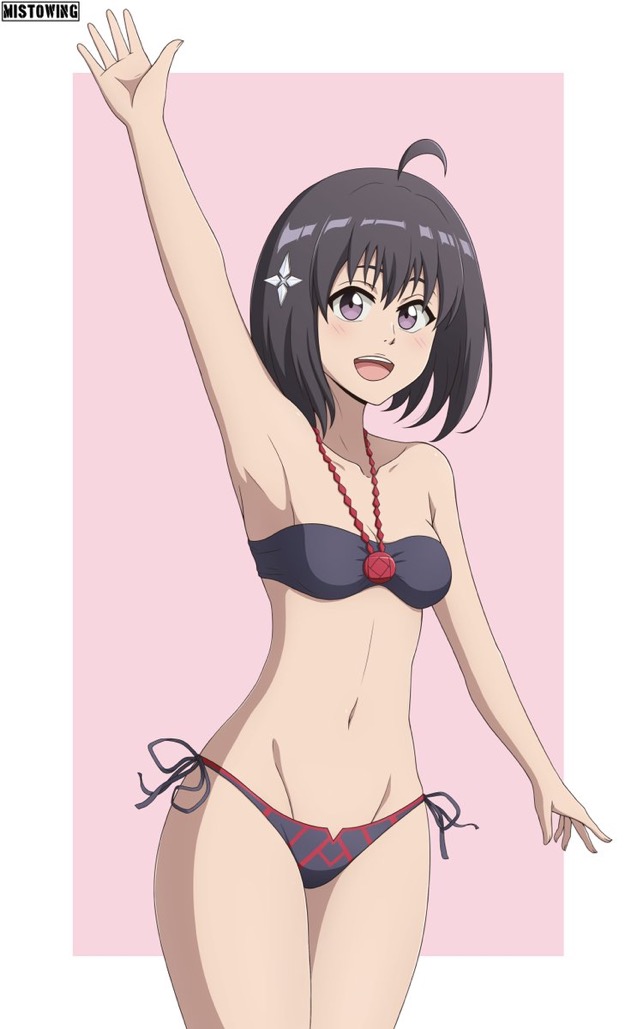 1girls arm_up armpits belly belly_button bikini bikini_bottom bikini_top breasts female female_focus female_only itai_no_wa_iya_nano_de_bougyoryoku_ni_kyokufuri_shitai_to_omoimasu maple_(bofuri) mistowing open_mouth open_smile small_breasts solo solo_focus strapless_bikini tagme waving