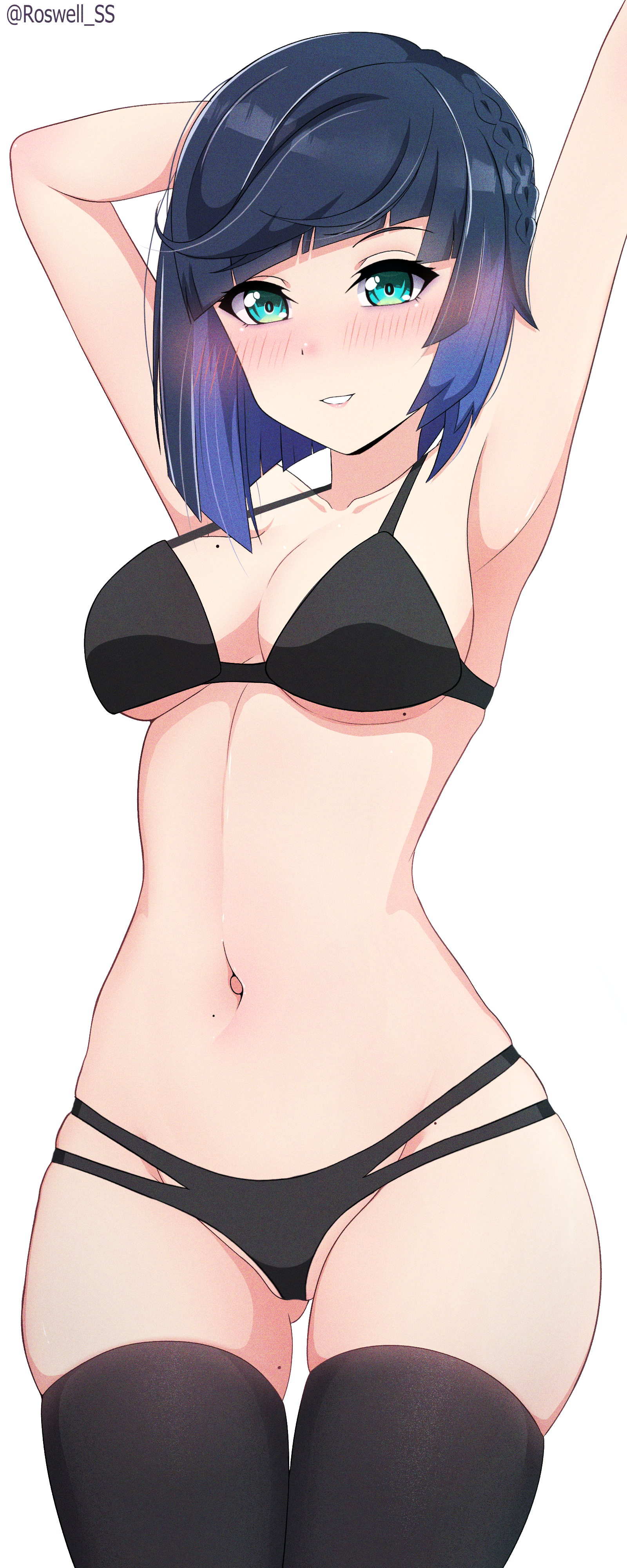 1girls, belly button, blush, breasts, busty, female, female only, genshin impact, hoyoverse, legwear, light skin, light-skinned female, mihoyo, mole, mole on breast, mole on stomach, mole on thigh, roswell-ss, short hair, simple background, smile, solo, solo female, solo focus, thighhighs, thighs, tiny waist, yelan (genshin impact)