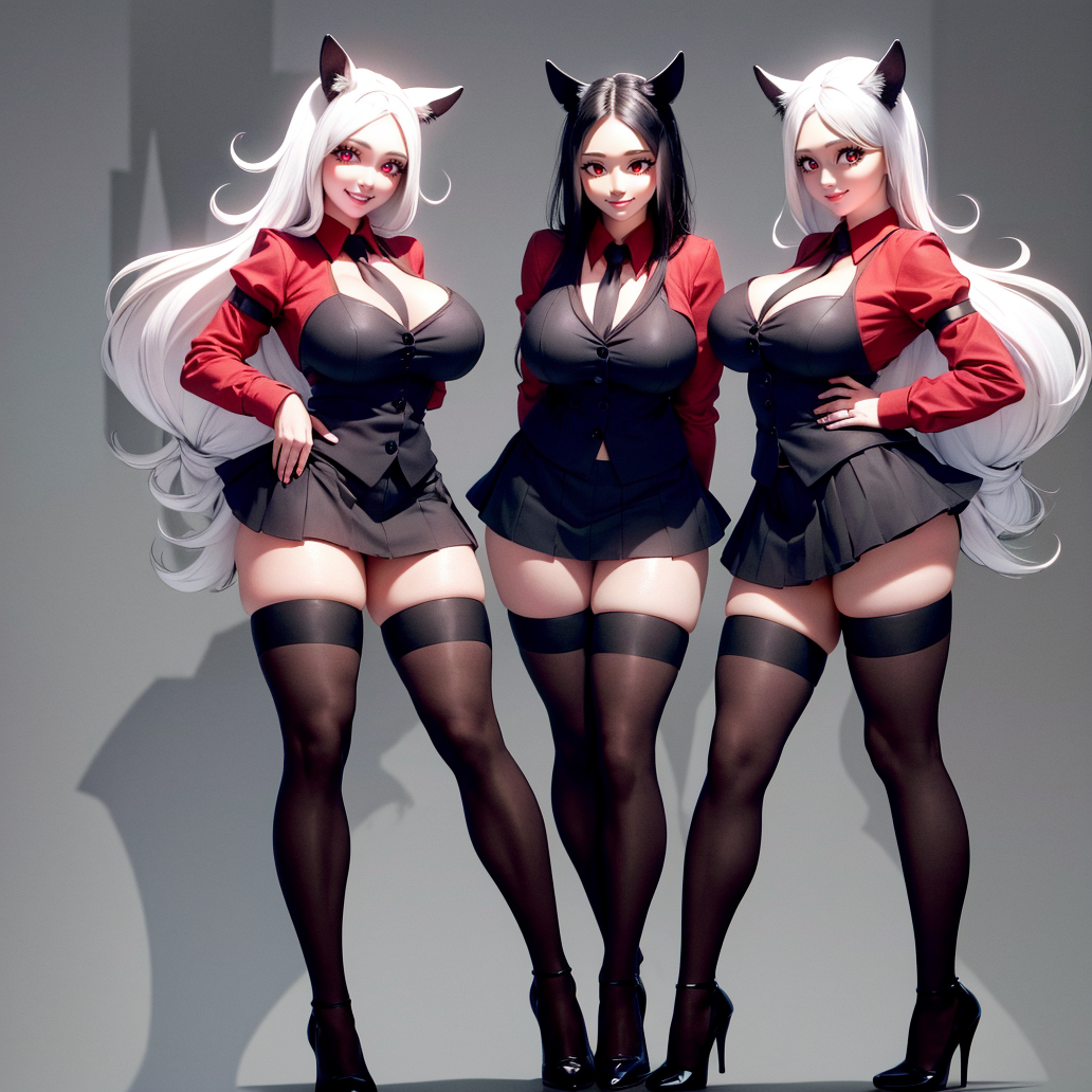 3girls, ai generated, ass, big ass, big breasts, black hair, breasts, cat ears, cerberus (helltaker), cleavage, cute, dyed hair, female, female only, helltaker, hi res, high heels, peter-pumpkineater69, red eyes, short skirt, smiling, tagme, thick thighs, thighhighs, trio, white hair