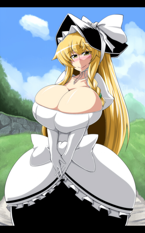 blonde_hair blush braid breasts cleavage day dress eisen1111 female female_focus gigantic_breasts gloves hat huge_breasts invincible_marisa kirisame_marisa nature new_super_marisa_land outdoors plant regls skirt sky smile solo standing touhou witch_hat yellow_eyes