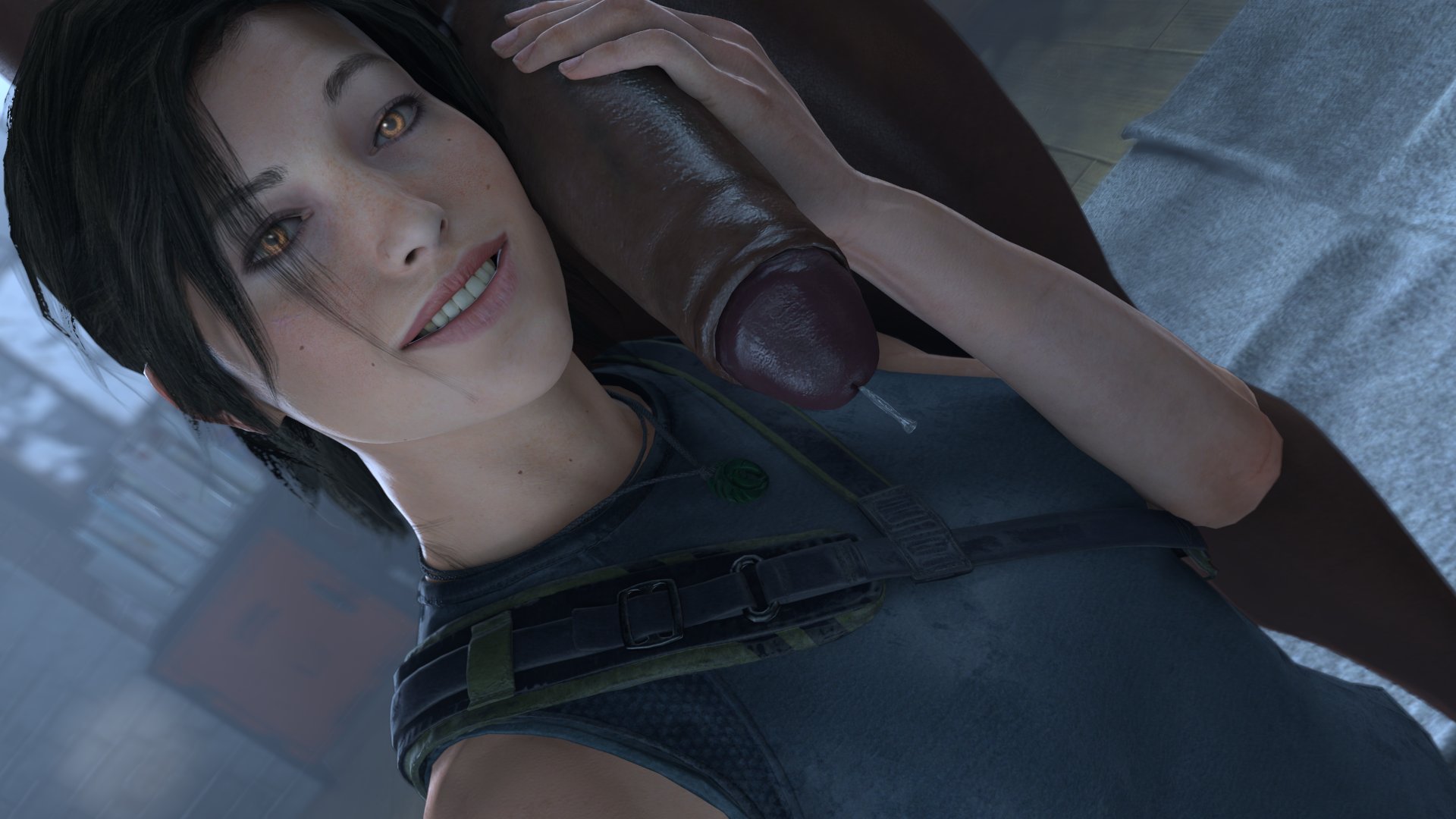 1boy, 1girls, 3d, 3d (artwork), big penis, clothed, clothed female nude male, dark skin, dark-skinned male, female, female focus, huge cock, interracial, lara croft, lara croft (survivor), large penis, light skin, light-skinned female, looking at viewer, male, partial male, penis, smiling, stephanie23, tagme, tomb raider, tomb raider (survivor), yellow eyes