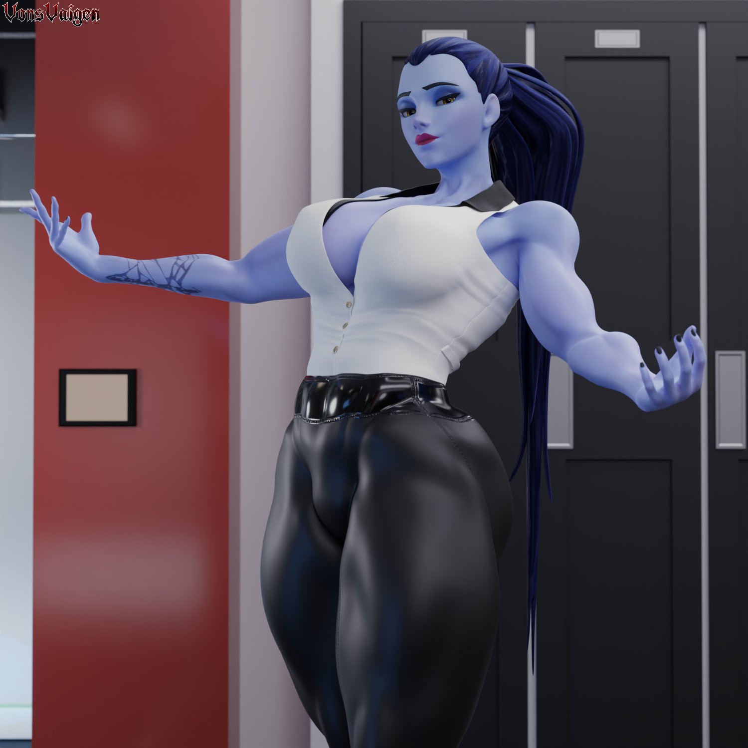 1girls, 3d, abs, amelie lacroix, ass, big ass, big breasts, blizzard entertainment, breasts, female, female only, fit, fit female, gym, looking at viewer, muscular, muscular female, overwatch, overwatch 2, purple skin, solo, tattoo, thick thighs, tights, vonsvaigen, wide hips, widowmaker, yellow eyes