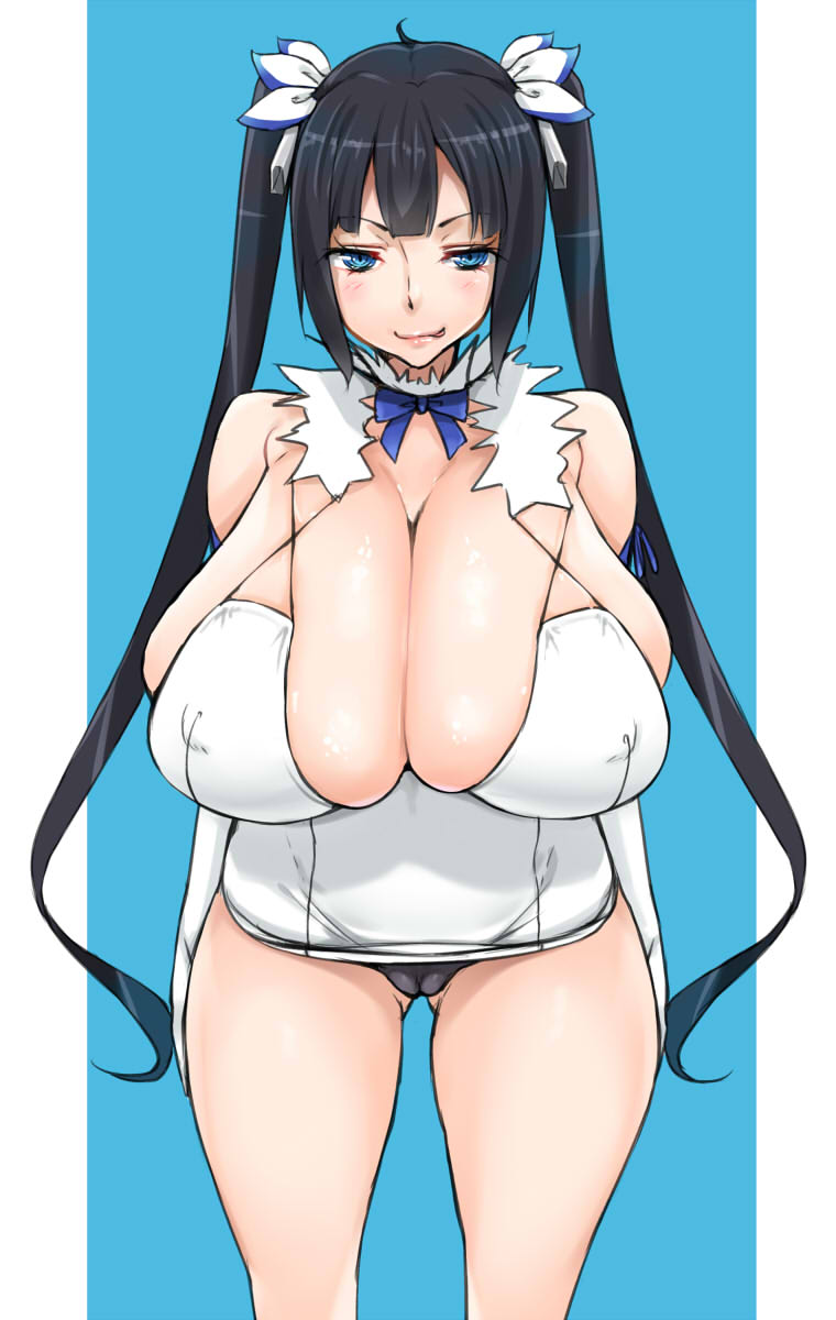 black_hair black_panties blue_eyes blue_ribbon blush breasts_bigger_than_head cameltoe cleavage dress_lift dungeon_ni_deai_wo_motomeru_no_wa_machigatteiru_darou_ka gloves hestia_(danmachi) huge_breasts libre looking_at_viewer nipple_bulge tongue_out twintails white_dress white_gloves