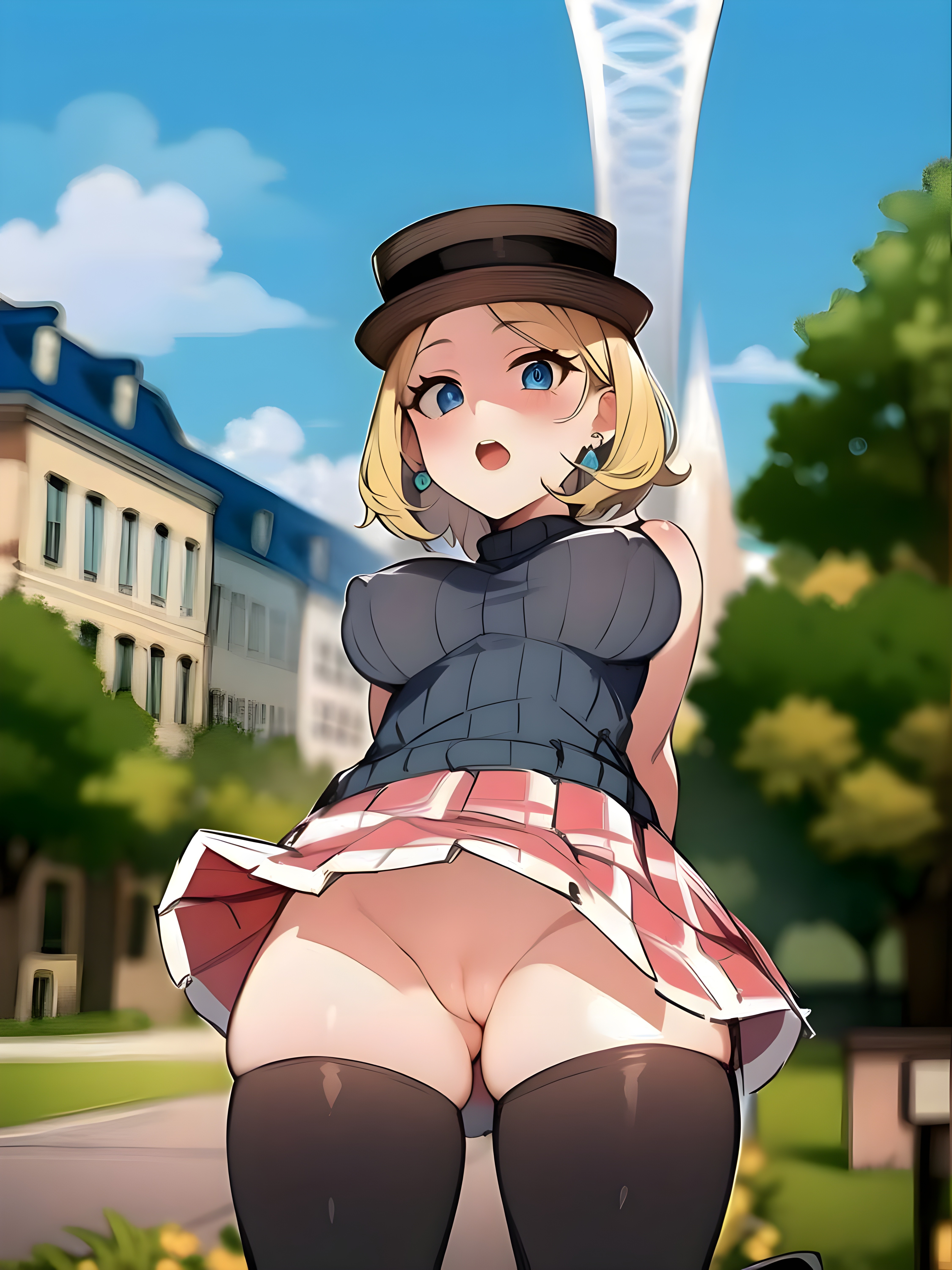 1girls, ai generated, big breasts, blonde hair, blue eyes, breasts, clothed, earrings, female, female only, hat, innie pussy, nintendo, no panties, open mouth, outdoors, outside, pokemon, pokemon (anime), pokemon journeys, public, pussy, serena (pokemon), short hair, skirt, skirt lift, solo, thick thighs, thighhighs, thighs
