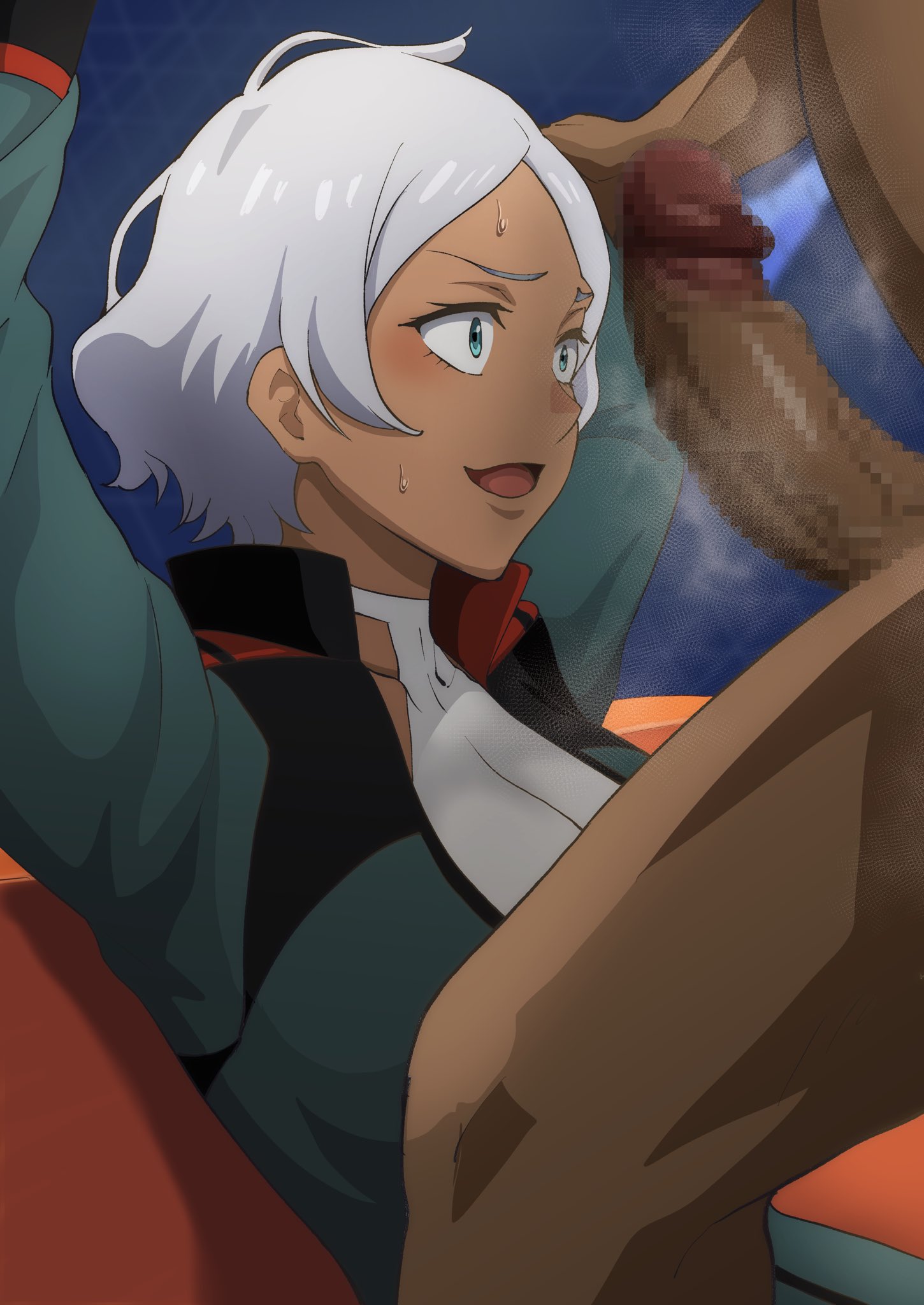 1boy, 1girls, armpits, brown skin, censored, cock shock, dark skin, dark-skinned male, female, gundam, gundam suisei no majo, huge cock, iwao178, male, penis, penis awe, penis in front of face, school uniform, schoolgirl, secelia dote, short hair, tan, tan-skinned female, tanned skin, white hair