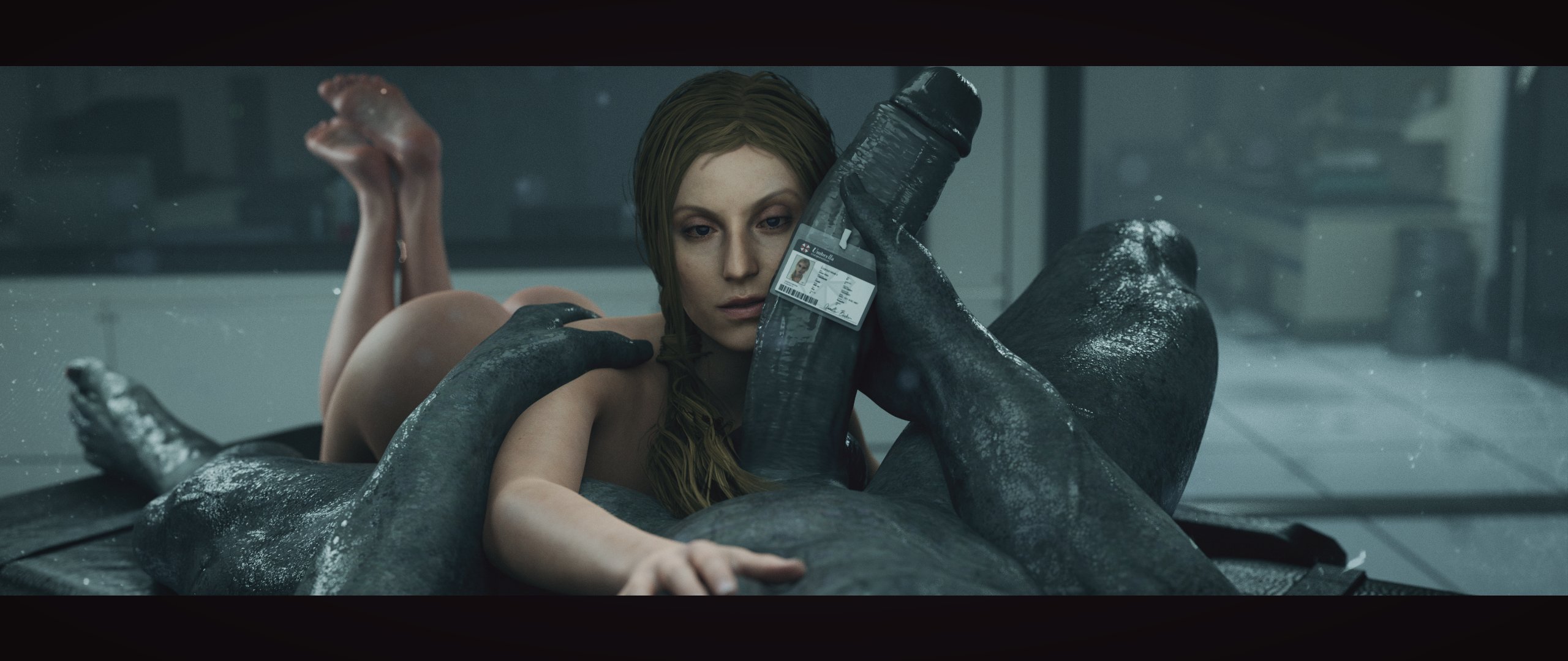 1boy, 1girls, 3d, 3d (artwork), annette birkin, ass, big penis, biohazard, blonde hair, capcom, completely nude, erection, female, grey skin, human, id card, large penis, light skin, light-skinned female, long hair, long penis, love, male, male pov, monster, mr x, nude, nude female, nude male, nudity, penis, pov, resident evil, resident evil 2, resident evil 2 remake, stephanie23, thick penis, tyrant