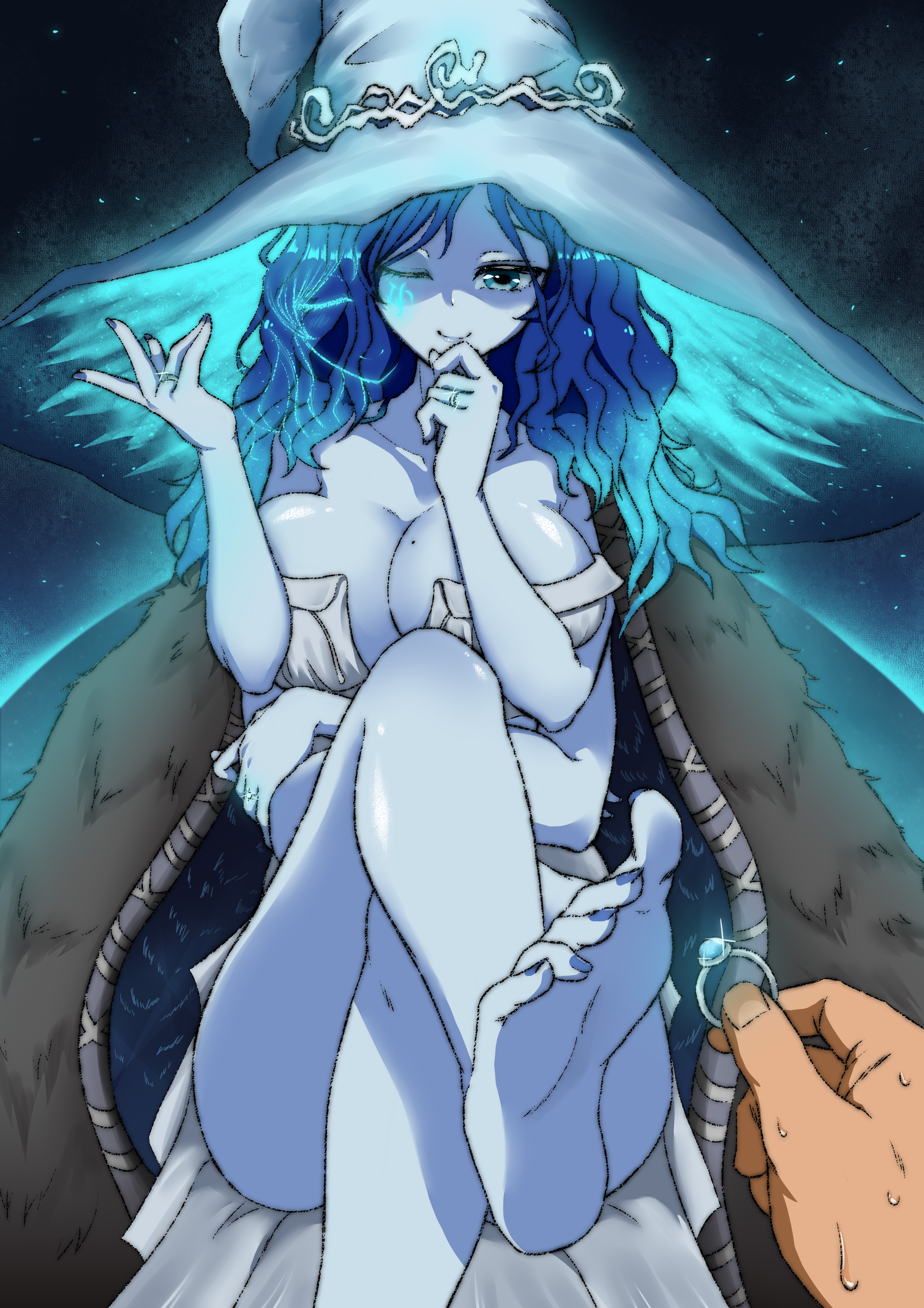 1girls, 2d, barefoot, big breasts, blue skin, blue-skinned female, breasts, bursting breasts, cleavage, dark moon ring, dzombie1993, elden ring, feet, female, female only, foot fetish, fromsoftware, pov, proposal, ranni the witch