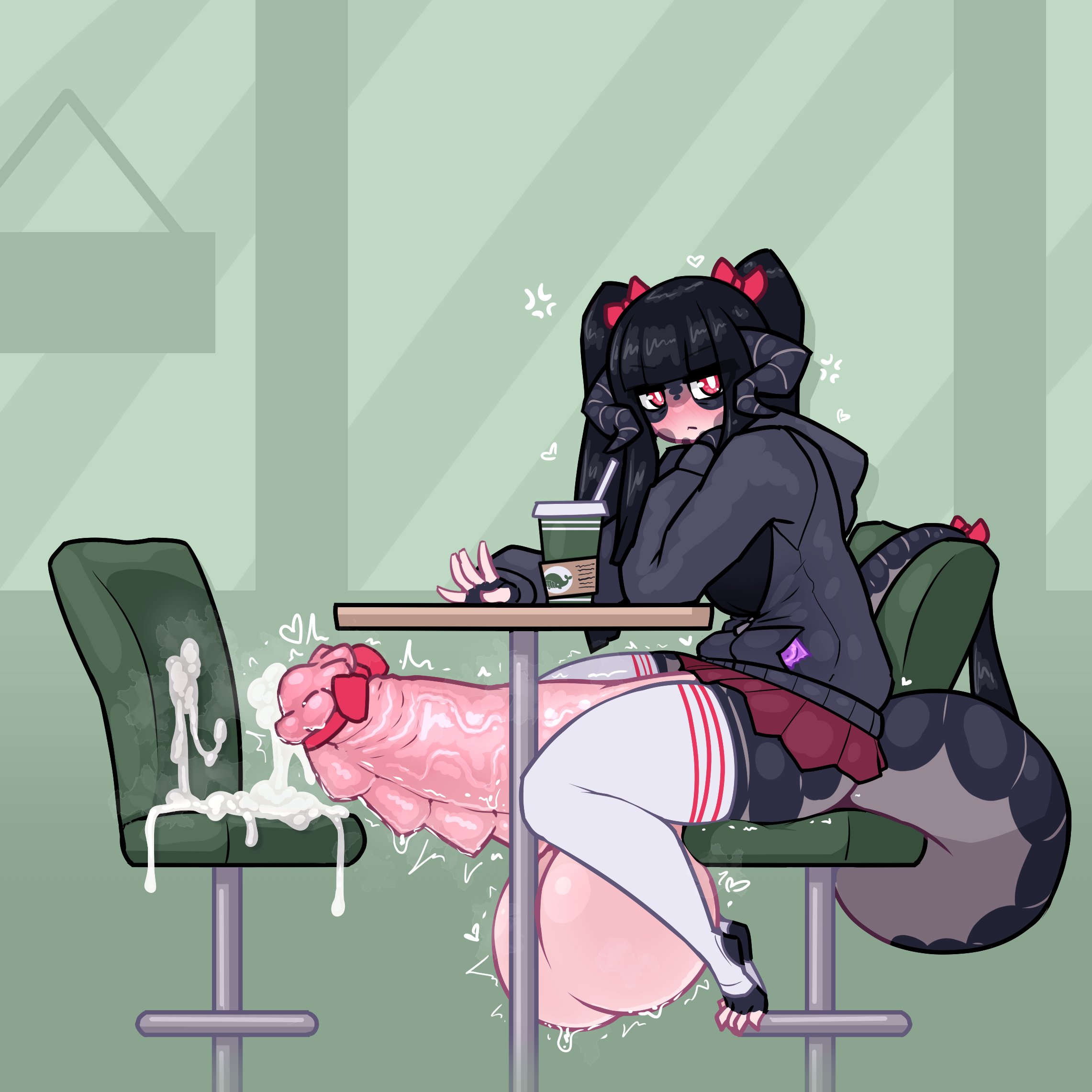 1futa, balls, bangs, big breasts, bottomless, bow, breasts, chair, clothed, clothing, cum, dragon girl, erection, female, futa only, futanari, gigantic balls, gigantic penis, gigantic testicles, horny, humanoid, hyper, hyper balls, hyper penis, intersex, jacket, limebreaker, liquorice (limebreaker), long hair, mostly clothed, penis, penis ribbon, precum, public, public exposure, ribbed penis, ribbon, sitting, solo, tail, testicles, thighhighs, twintails, under the table