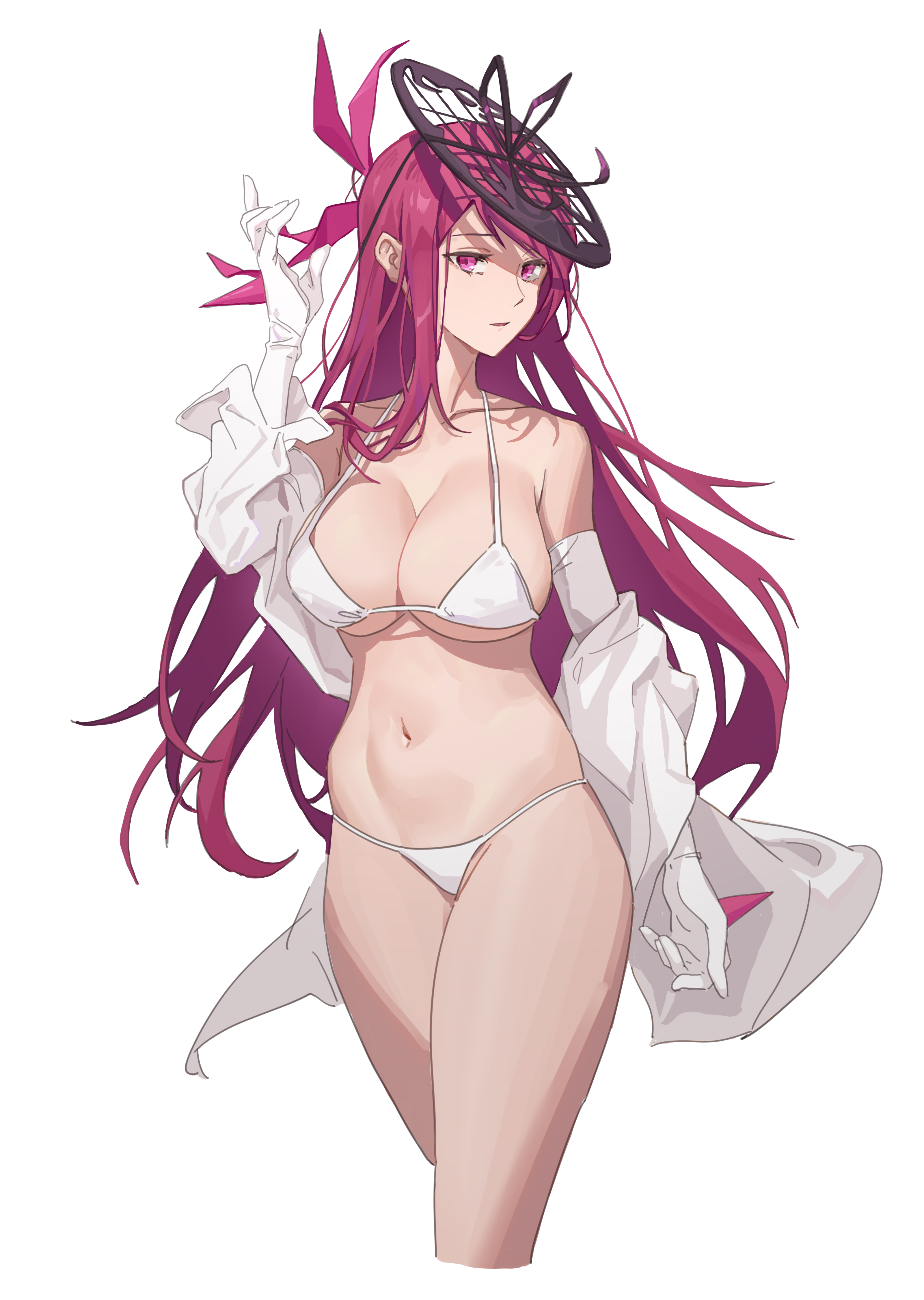 1girls, absurd res, absurdres, alternate costume, bikini, breasts, cleavage, collarbone, cropped legs, fascinator, female, female only, fire emblem, fire emblem engage, gloves, hair ornament, hand up, hi res, highres, ivy (fire emblem), large breasts, long hair, looking at viewer, meng qian guang, navel, nintendo, open mouth, plain background, purple eyes, purple hair, shirt, skimpy bikini, solo, spiked, swimsuit, thick thighs, white background, white bikini, white gloves, white swimsuit