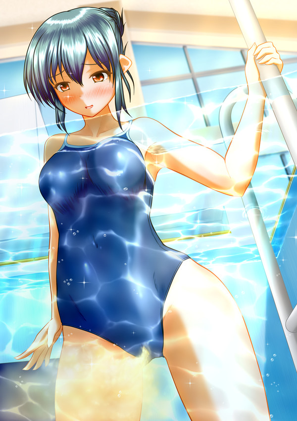 black_hair blush in_water light_blush one-piece_swimsuit original_character peeing peeing_self peeing_underwater pool_water pullpull15 swimming_pool swimsuit swimwear urinating urinating_female urination urine urine_stream