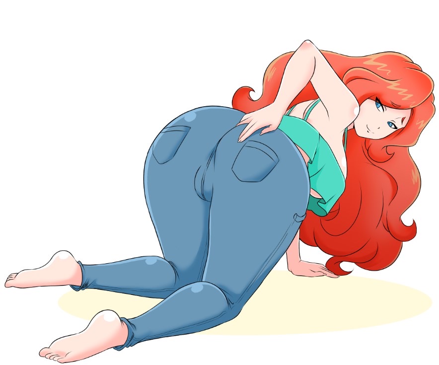 1girls, alternate version available, ass, barefoot, big ass, blue eyes, cameltoe, chelsea (ruby gillman), clothed, dreamworks, feet, female, fully clothed, hand on ass, hand on butt, long hair, looking back, noboru, on floor, pussy, red hair, ruby gillman, teenage kraken, smile, solo