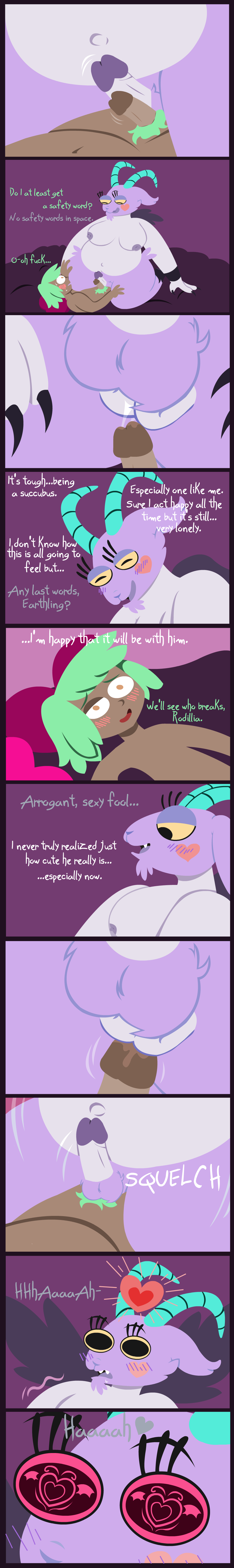 absurd_res anthro bed bovid caprine caprine_demon claws comic demon duo english_text furniture futa_is_bigger futanari glitter_goat goat_demon green_hair hair heart_pillow herm hi_res horn human intersex intersex/male larger_herm larger_intersex long_image male male_on_futa mammal penetration pillow shane_frost size_difference succubus tall_image text vaginal_penetration wings