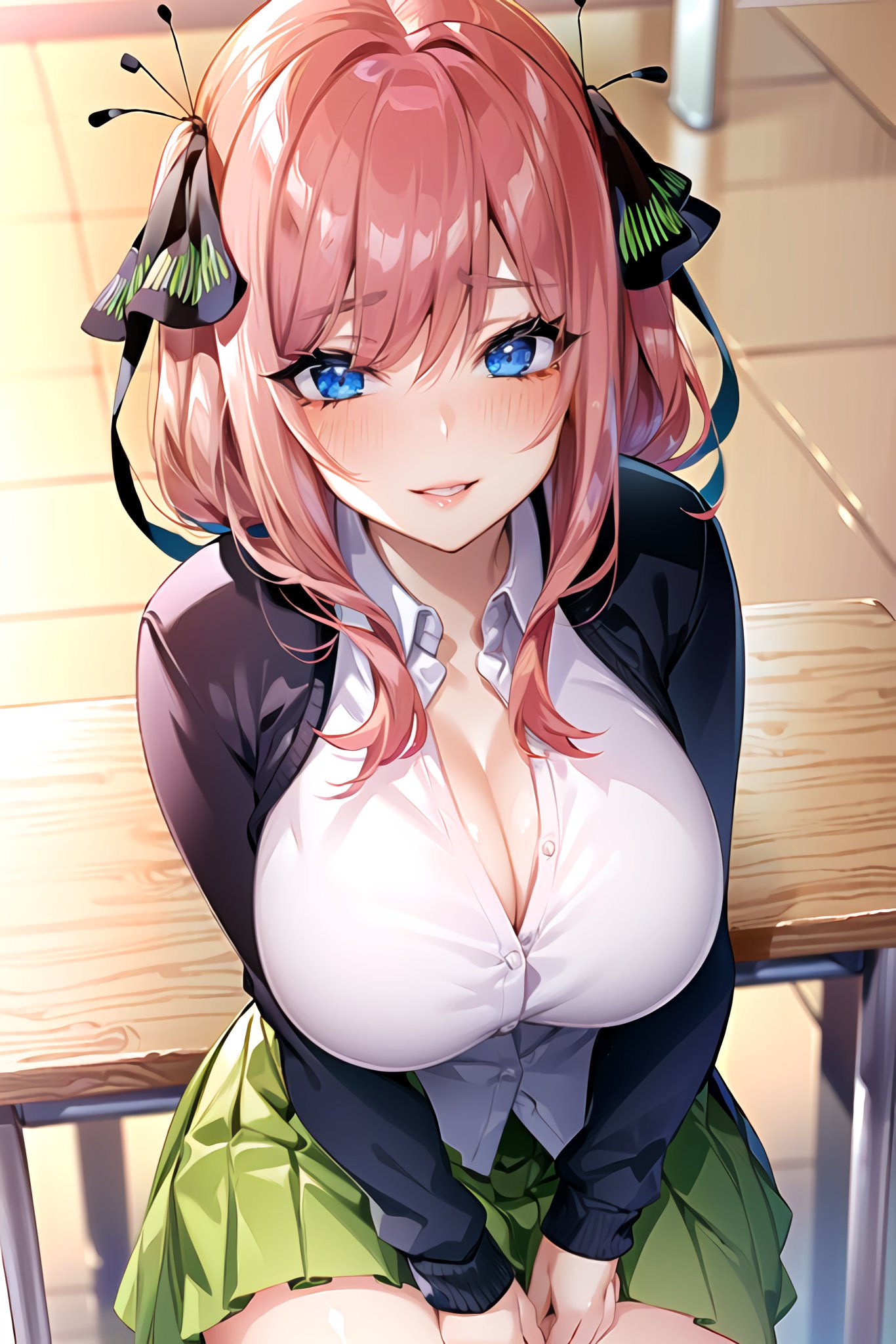 1girls, ai generated, breasts, curvaceous, curvy body, female, go-toubun no hanayome, huge breasts, nakano nino, school uniform, schoolgirl, seductive look, stable diffusion, voluptuous, voluptuous female