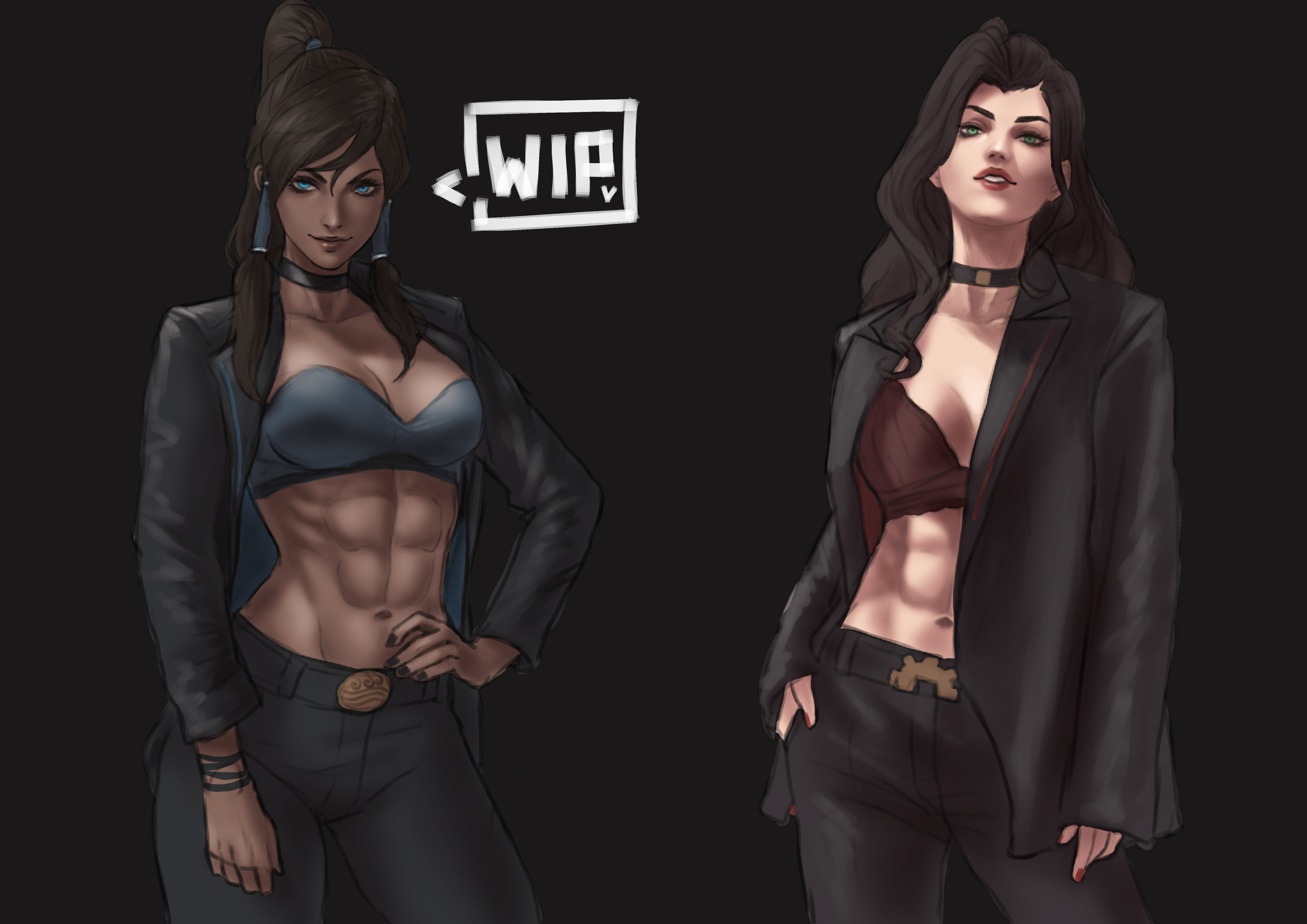 2girls, abs, asami sato, avatar legends, bra, canon couple, chocolate and vanilla, choker, clothed, clothed female, dark skin, dark-skinned female, female, female only, korra, light skin, light-skinned female, monorirogue, source request, the avatar, the legend of korra, water tribe, wip
