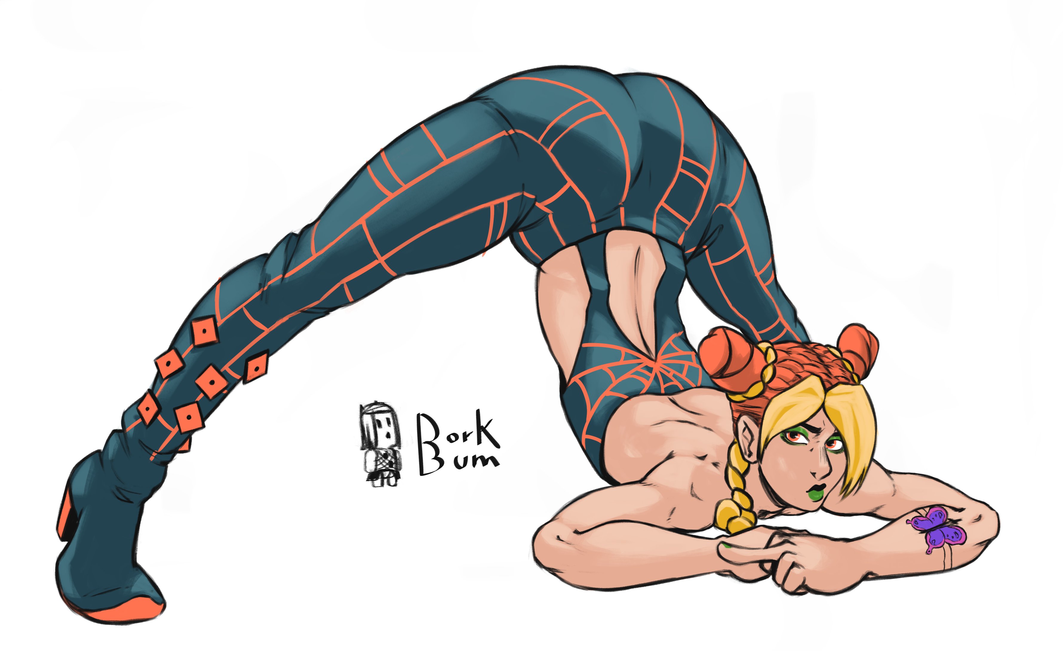 1girls, ass, ass up, clothed, dorkbum, female, female only, fully clothed, jack-o pose, jojo's bizarre adventure, jolyne kujo, not porn, solo, stone ocean, two-tone hair