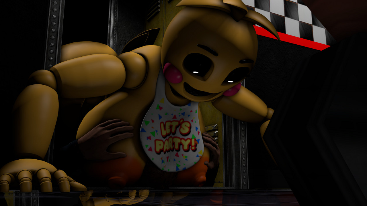 3d, anthro, babyhunt4, breast smother, breasts, dominant female, female, five nights at freddy's, five nights at freddy's 2, grabbing, holding breast, human, nipples, robot, runaboo chica, smothering, source filmmaker, straight, tagme, toy chica (fnaf)