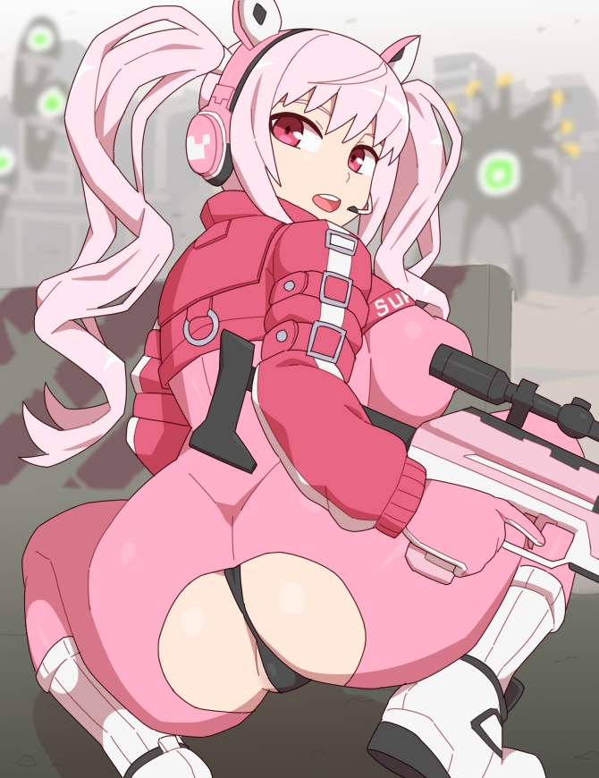 1girls, alice (nikke), ass, big ass, big breasts, big butt, black thong, boots, breasts, female, goddess of victory: nikke, gun, kabeume, large ass, large breasts, leather clothing, looking at viewer, looking back, military, nice ass, open mouth, pink eyes, pink hair, red eyes, skintight, skintight bodysuit, sniper rifle, solo, squatting, thong, tight bodysuit, tight clothing, torn bodysuit, torn clothes, twintails, white boots