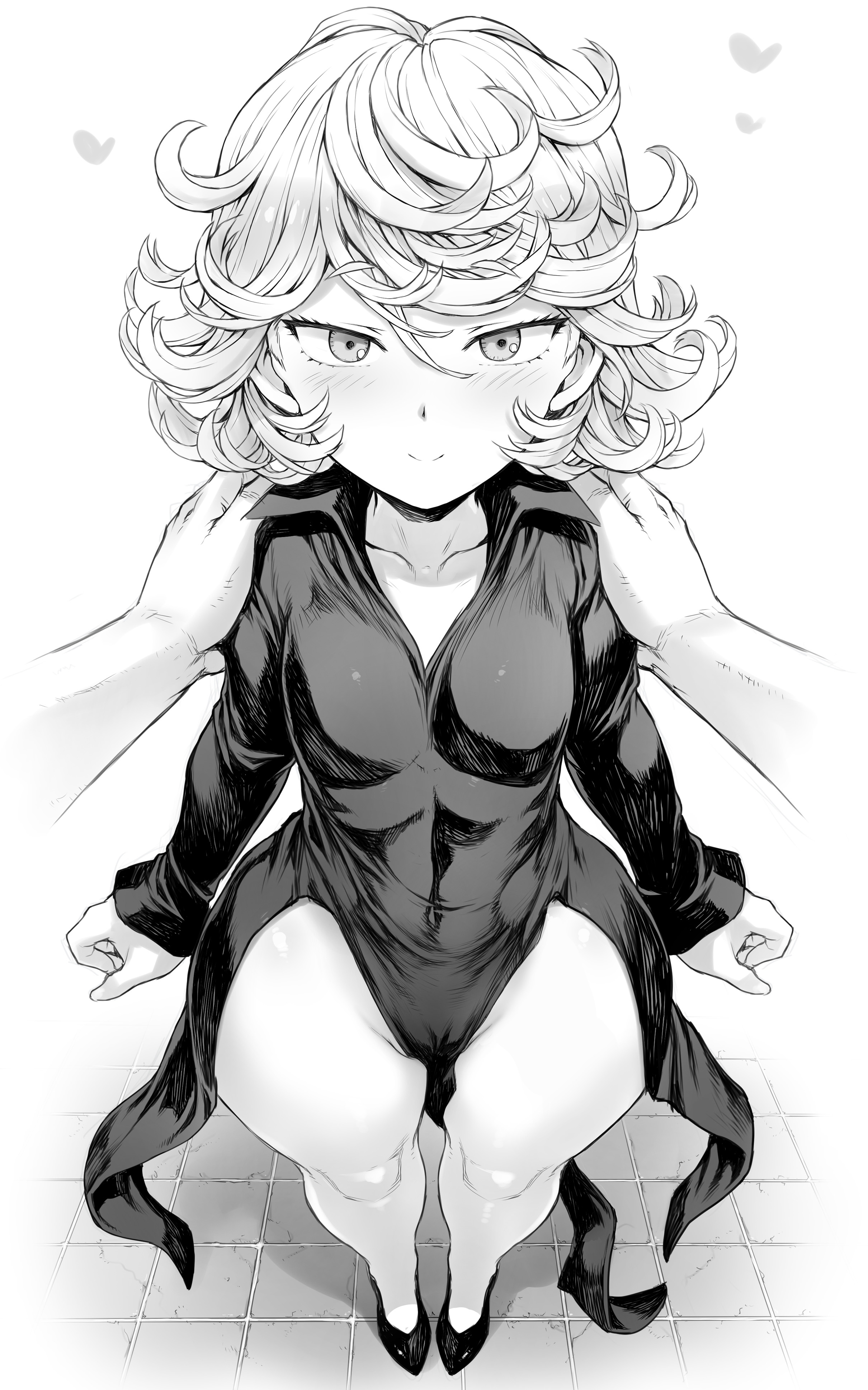 1girls, ass, big ass, breasts, female, high heels, looking at viewer, mogudan, monochrome, one-punch man, pear-shaped figure, small breasts, tatsumaki, thick thighs, wide hips