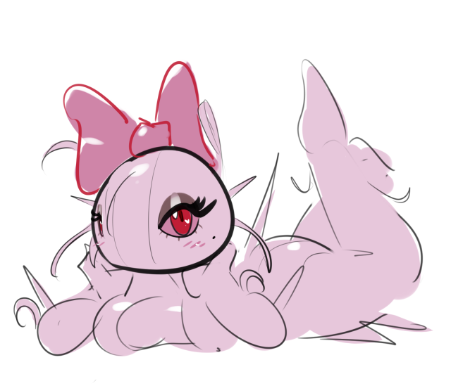 blush bow breasts cascoon elpatrixf eyelashes female hands_on_head looking_at_viewer lowres lying_down pink_body pokémon_(species) pokemon sketch