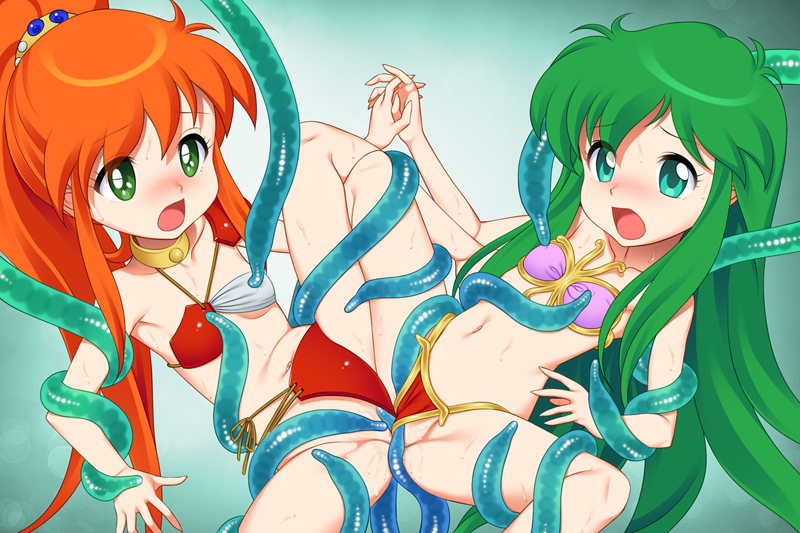 2girls armor ayanokouji_rem bikini bikini_armor bikini_bottom_aside bikini_pull blush breasts caron_(rall) clothes_pull clothing_aside commission commissioner_upload crossover dream_hunter_rem fugetsu_taku green_eyes green_hair holding_hands implied_penetration long_hair multiple_girls navel open_mouth orange_hair pink_bikini ponytail pussy_sandwich rape red_bikini restrained sf_choujigen_densetsu_rall skeb_commission small_breasts spread_legs swimsuit tentacle tentacles_under_clothes thighs trait_connection two-tone_bikini very_long_hair