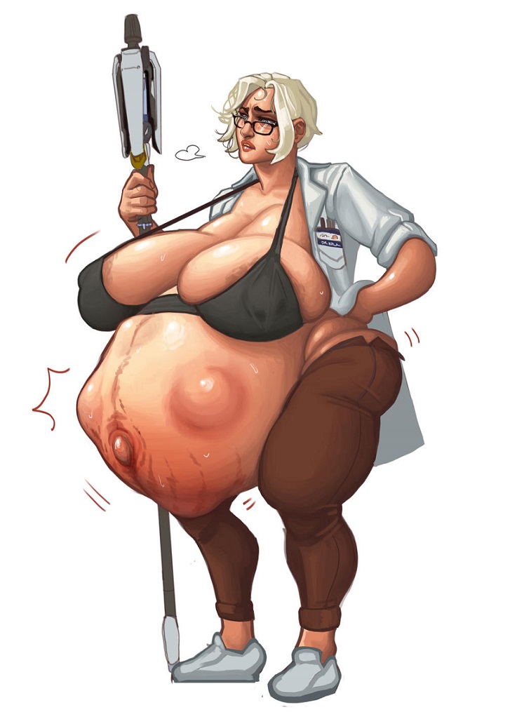 1girls, areola slip, big belly, blizzard entertainment, blue eyes, bra, breasts, female, fetal movement, glasses, huge belly, huge breasts, labcoat, linea nigra, mercy, murcury rain, overwatch, platinum blonde hair, popped navel, pregnant, ready to pop, stretch marks, thick thighs, wide hips