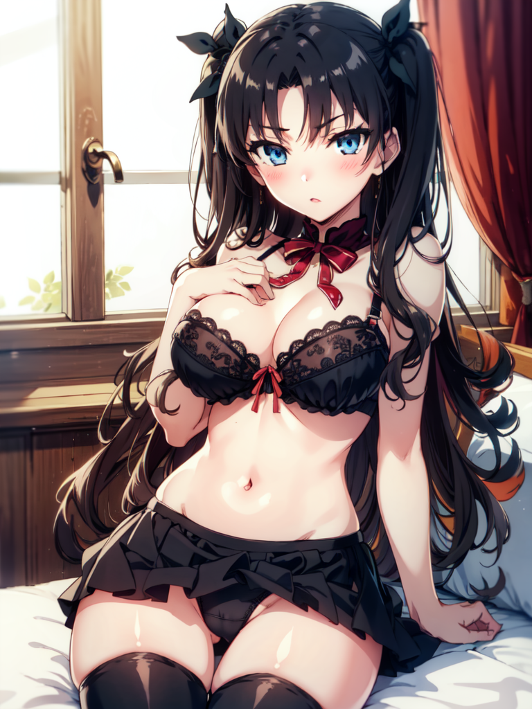 ai generated, bangs, bare shoulders, bed, black bra, black hair, black panties, black ribbon, black skirt, black thighhighs, blue eyes, blush, bow, bra, breasts, cleavage, closed mouth, curtains, fate (series), fate/stay night, female, hair ribbon, hand on own chest, indoors, lace trim, lace-trimmed bra, large breasts, lingerie, long hair, looking at viewer, miniskirt, navel, on bed, panties, pantyshot, pleated skirt, ribbon, sitting, skirt, solo, stable diffusion, stomach, thighhighs, tohsaka rin, two side up, underwear, v-shaped eyebrows, window