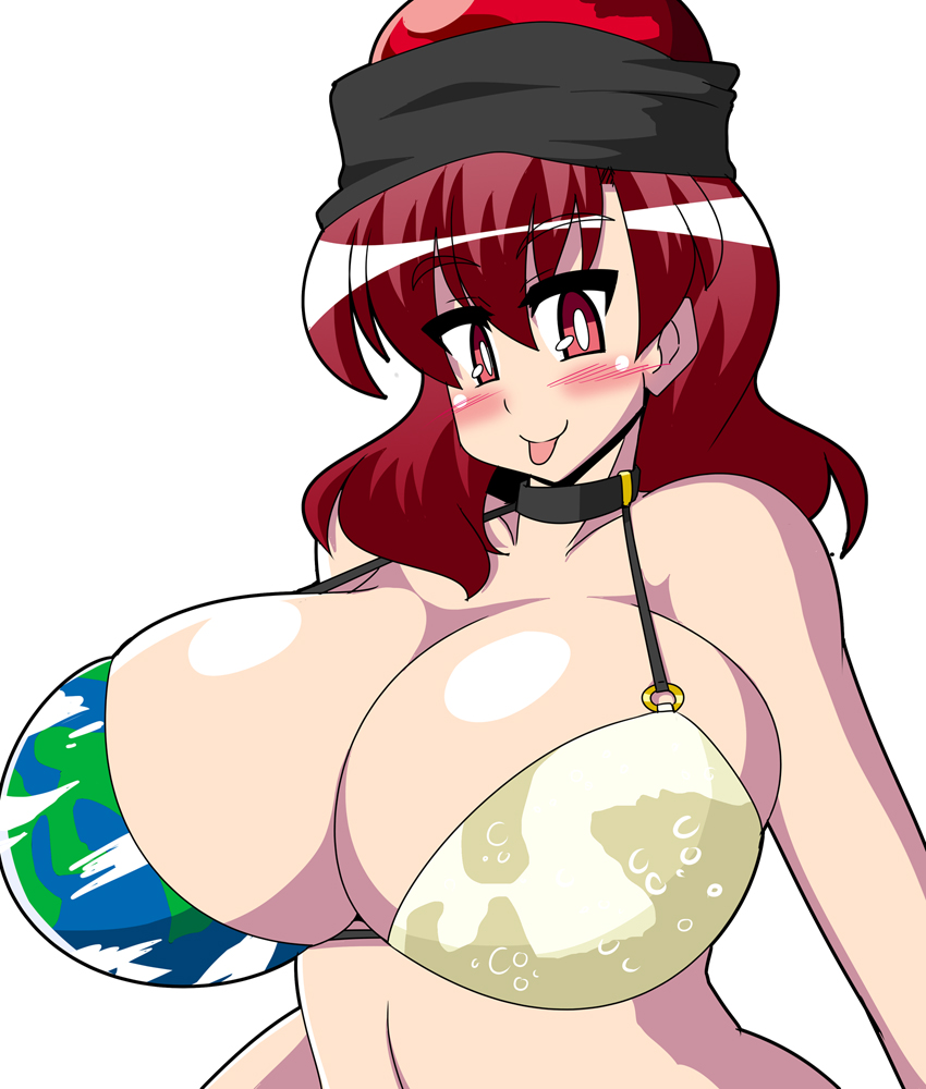 akasode_(tyaramu) bikini cleavage hecatia_lapislazuli huge_breasts looking_at_viewer open_mouth sweat touhou