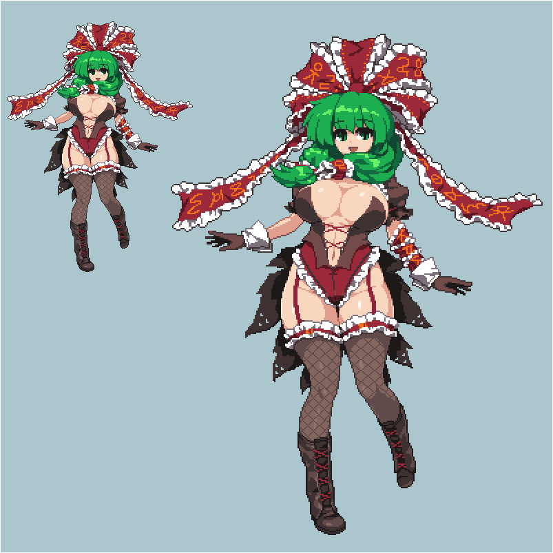 alternate_costume bad_id bad_twitter_id boots bow breasts cleavage commentary corset female frilled_headwear frilled_panties frills front_ponytail full_body garter_straps gloves green_eyes green_hair hair_ribbon hairbow kagiyama_hina large_breasts long_hair looking_at_viewer namako_(takorin) navel pixel_art ribbon simple_background smile solo standing takorin thighhighs thighs touhou