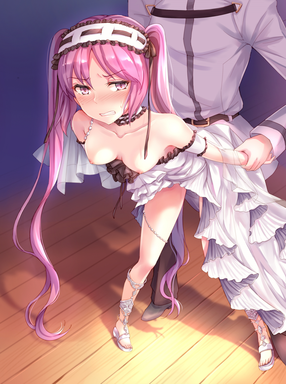 1boy 1girls ambiguous_penetration angry angry_sex blush breasts_out breasts_out_of_clothes chaldea_uniform clenched_teeth dress euryale euryale_(fate) fate/grand_order fate_(series) female floor forced frilled_dress frilled_hairband frills fujimaru_ritsuka_(male) headband holding_another's_wrist indoors indoors_sex leaning_forward light-skinned_female light-skinned_male lolita_hairband long_hair male male_protagonist nipples purple_eyes purple_hair rape sandals sex sex_from_behind shadow small_breasts sweat sweatdrop taken_from_behind teeth twintails white_dress white_sandals wooden_floor yuemanhuaikong