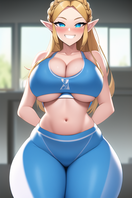 ai_generated blonde_hair blue_eyes blue_leggings blue_tank_top cleavage curvaceous curvy curvy_figure gigantic_breasts huge_breasts huge_cleavage huge_hips leggins looking_at_viewer nai_diffusion ponytail princess_zelda seductive_smile shiny_clothes shiny_hair shiny_skin stable_diffusion the_legend_of_zelda thick_thighs thunder_thighs voluptuous wide_hips