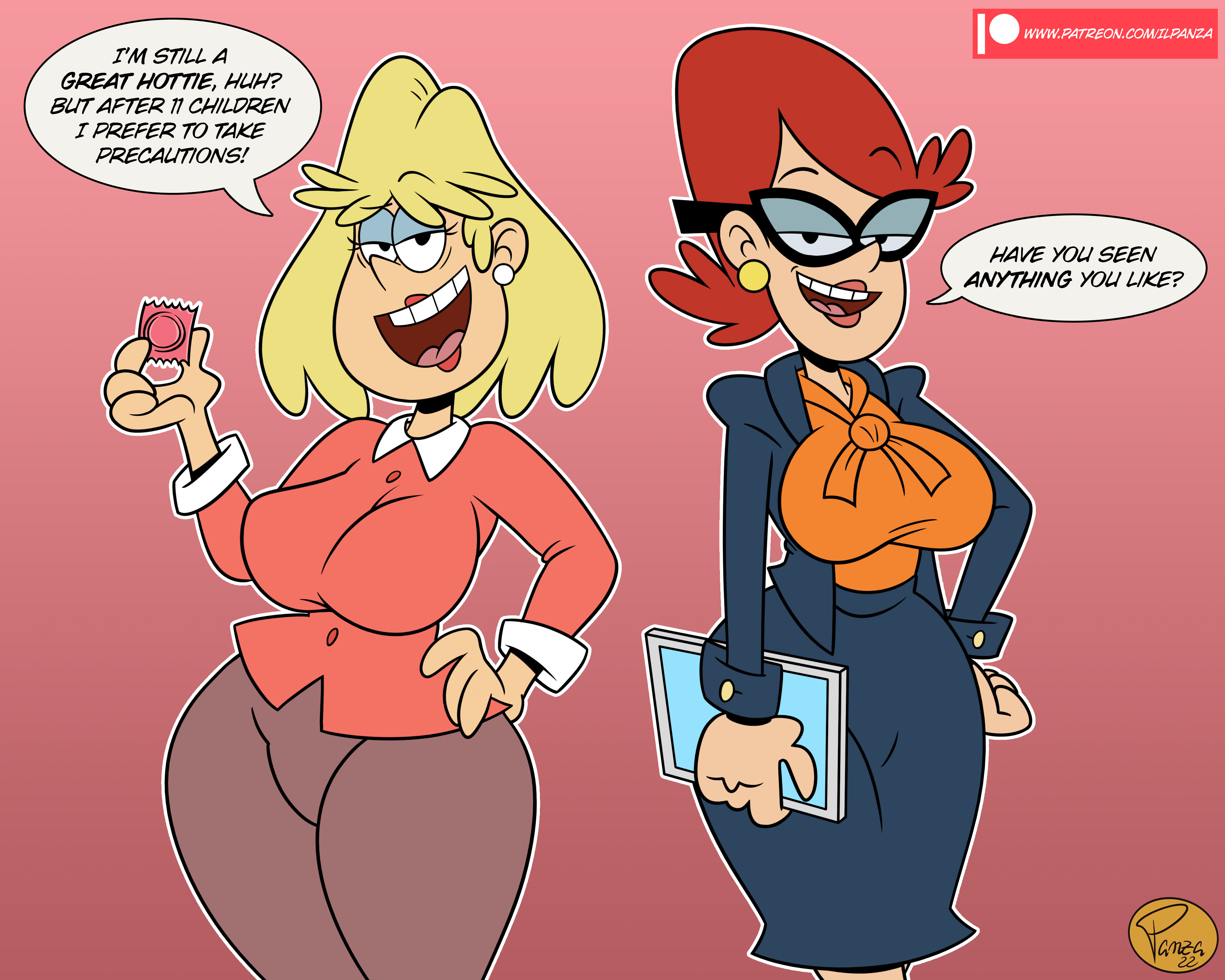 2girls, 2milfs, ass, big ass, big breasts, blonde hair, breasts, condom, condom wrapper, curvy female, earrings, facing viewer, female, female only, flirting, flirting with viewer, glasses, ilpanza, milf, milfs, ms. carmichael, multiple females, multiple girls, pants, rita loud, shirt, skirt, speech bubble, the loud house