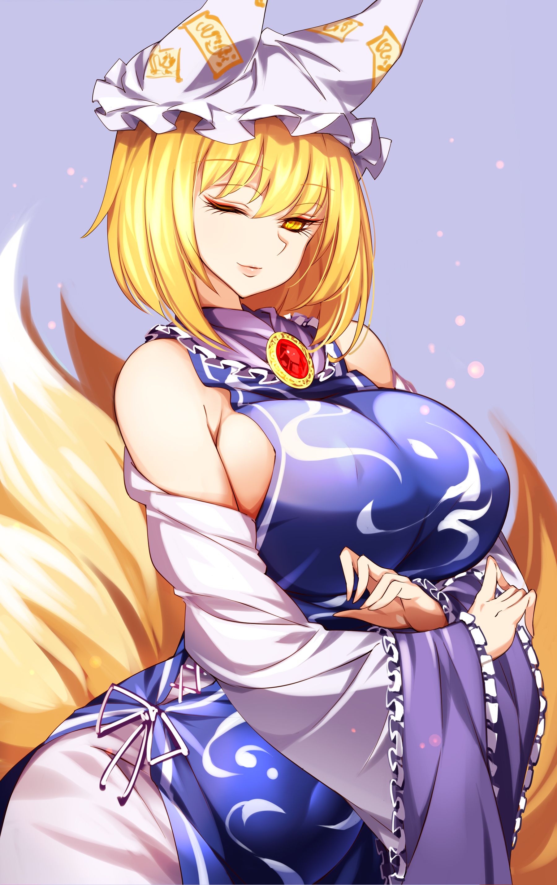 1girls, absurdres, animal ears, animal hat, blonde hair, breasts, dress, female, fox ears, fox tail, frills, hat, highres, horny, large breasts, mob cap, multi tail, ran yakumo, raptor7, sideboob, solo, tabard, tail, tails, touhou, white dress, wink, yakumo ran, yellow eyes