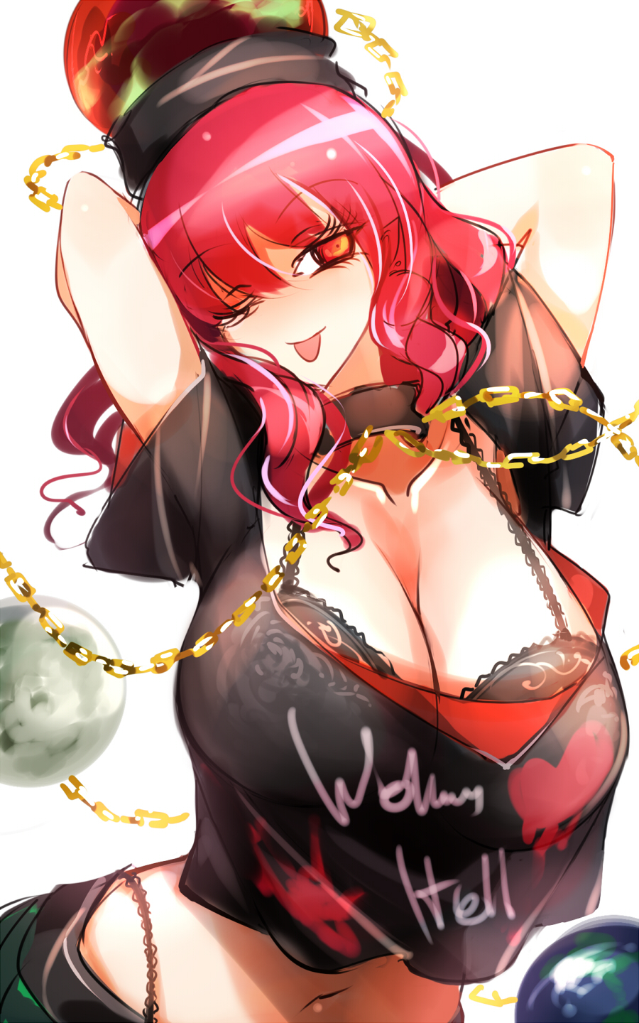 ;) ;p arms_behind_head arms_up black_bra black_choker black_shirt bra breasts chains choker cleavage clothes_writing commentary_request crop_top crop_top_overhang earth_(ornament) female hair_between_eyes hecatia_lapislazuli highres large_breasts long_hair looking_at_viewer midriff moon_(ornament) navel no_nose one-hour_drawing_challenge one_eye_closed pointy_ears polos_crown raptor7 red_eyes red_hair shirt short_sleeves simple_background smile solo t-shirt tongue tongue_out touhou underwear upper_body white_background